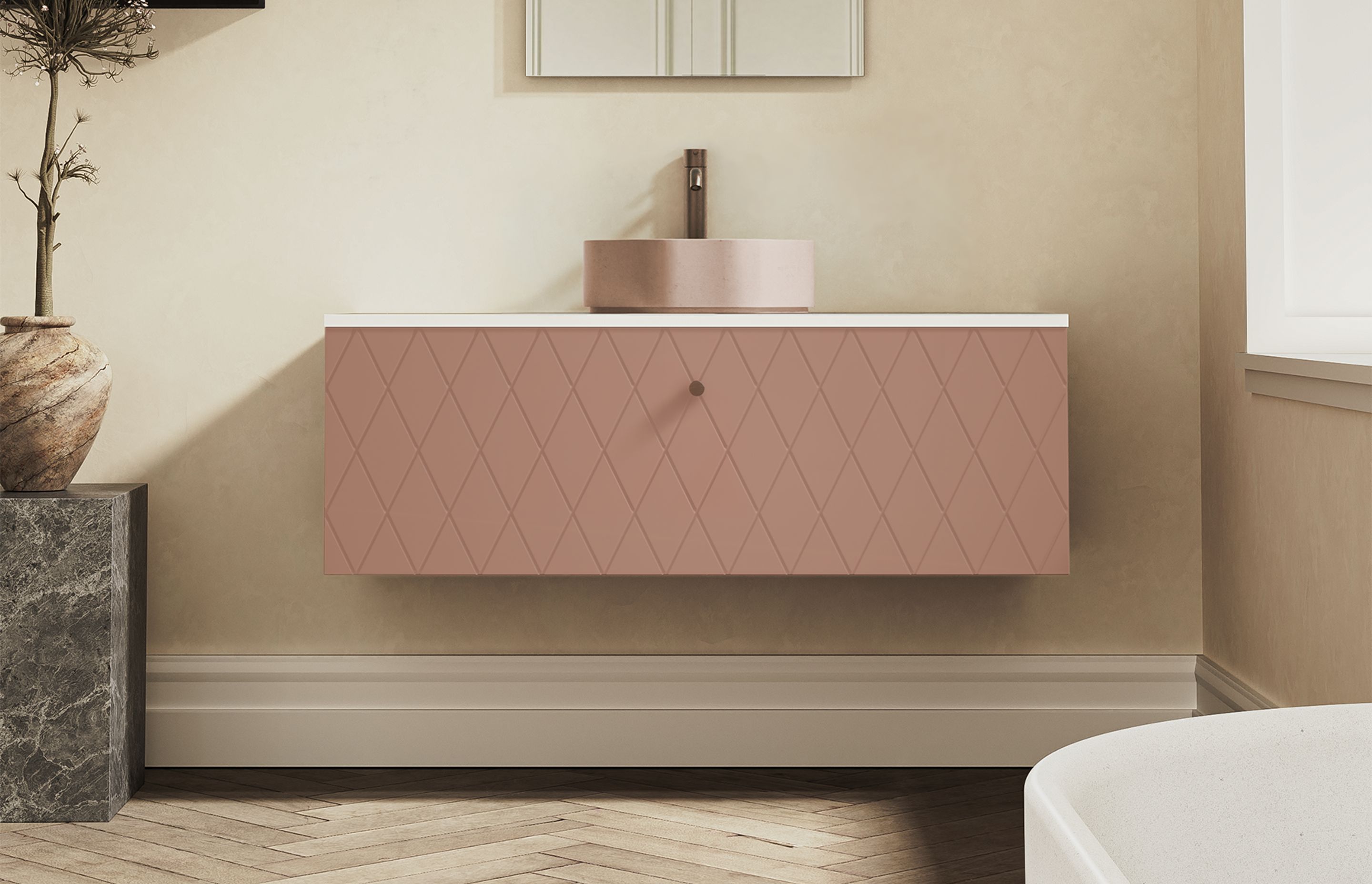 Deco Opaco 1200 1 Drawer Vanity in Kobe with Brushed Brass Reflex Knob and Matt White Top