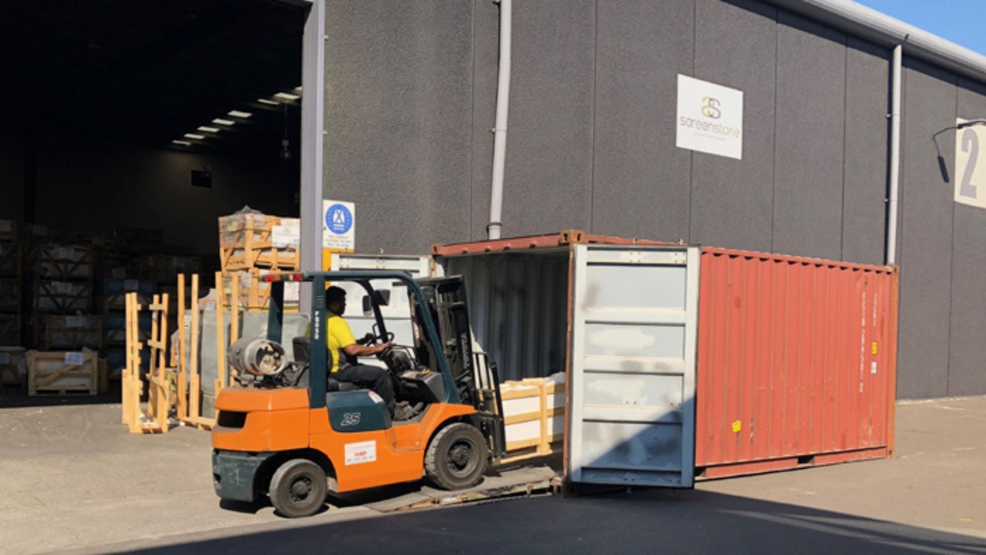 Delivery day. It’s always exciting when a new shipment of natural stone arrives. The delivery into the warehouse is then meticulously stacked and housed. video