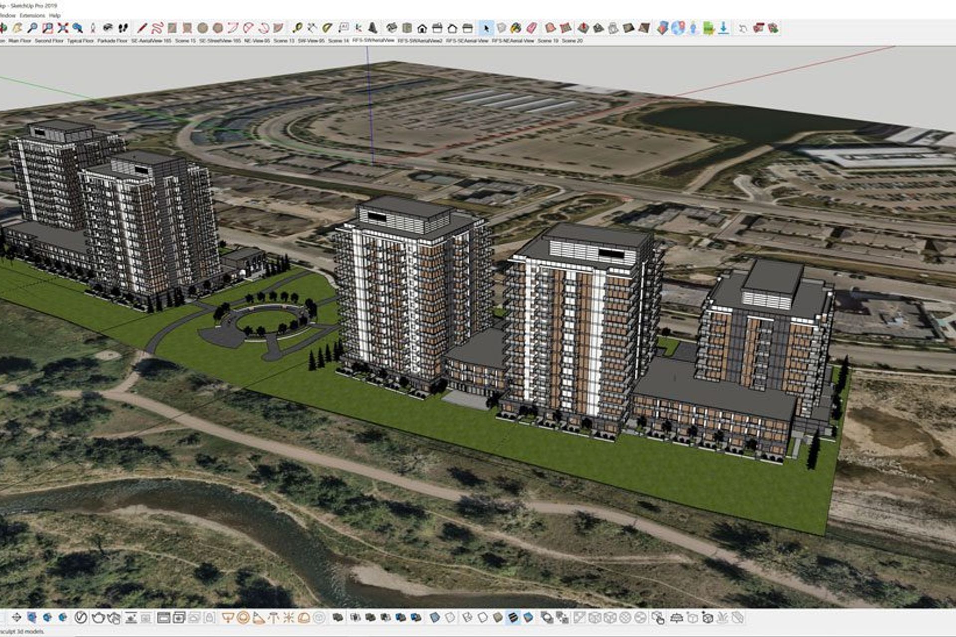 Concept planning for Quarry Park Riverfront projects. Modelled with SketchUp Pro.