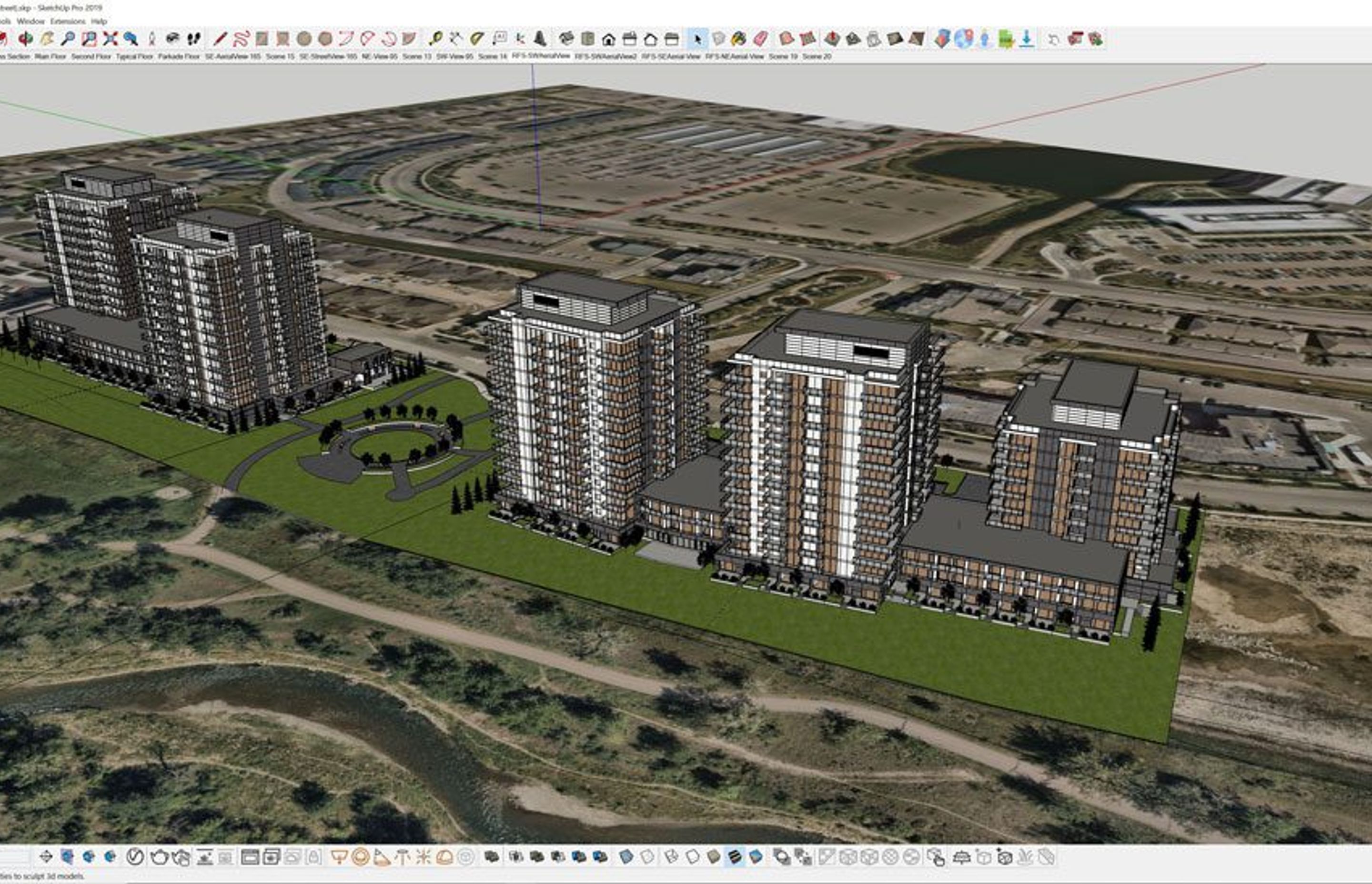 Concept planning for Quarry Park Riverfront projects. Modelled with SketchUp Pro.