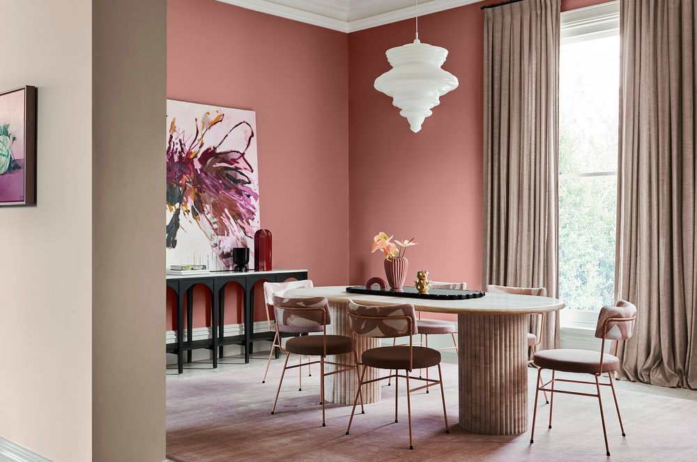 DULUX's latest flourish palette from their 2022 Colour Forecast shows Art Deco fluted details in furniture are on trend.. PAINT Walls Dulux Whāngārā &amp; Pōhutu Geyser. Artwork "Divine Melon Nicole Nelius, "Wild Flower" Llewellyn Skye. Styling: Bree Leec