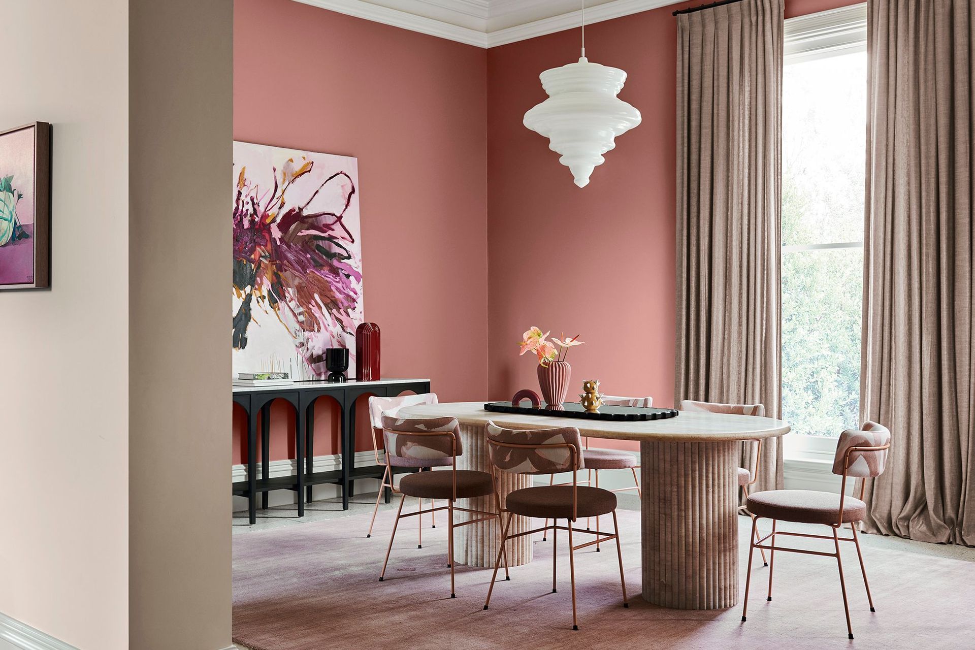 DULUX FLOURISH PALETTE 2022. PAINT Walls Dulux Whāngārā &amp; Pōhutu Geyser. Artwork "Divine Melon Nicole Nelius, "Wild Flower" Llewellyn Skye. Styling: Bree Leech. Photo: Lisa Cohen
