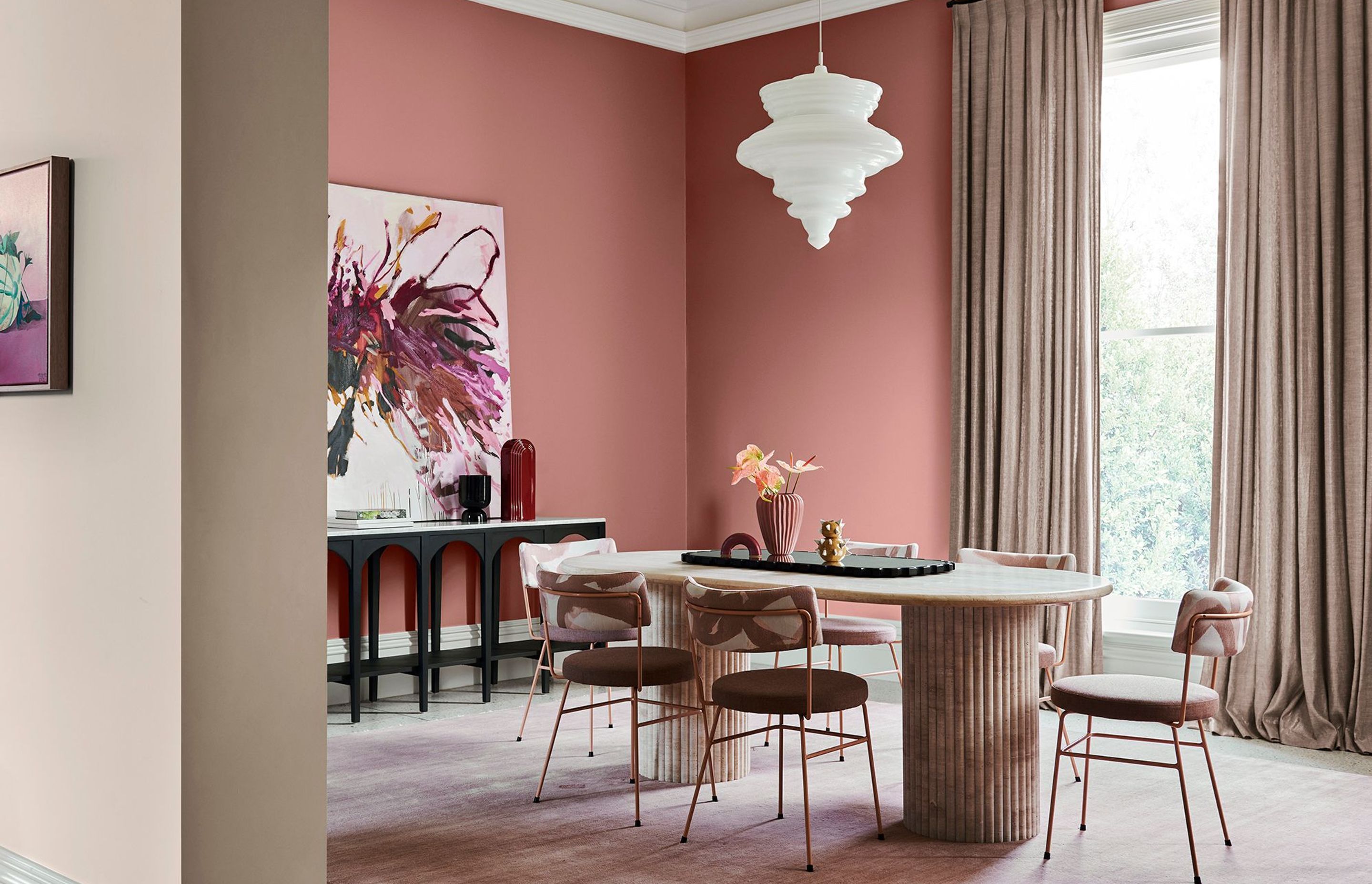 DULUX FLOURISH PALETTE 2022. PAINT Walls Dulux Whāngārā & Pōhutu Geyser. Artwork "Divine Melon Nicole Nelius, "Wild Flower" Llewellyn Skye. Styling: Bree Leech. Photo: Lisa Cohen