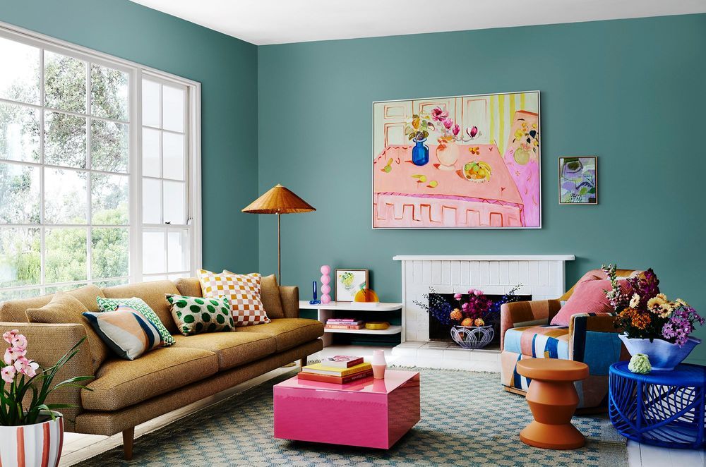 DULUX WONDER PALETTE 2022. Walls Dulux Edvard. Artwork "Aeonium In A Posy With Kangaroo Paw and Paper Daisy” Dominka Keller, "Lemons On A Pink Table” Helen Mccullagh, "Green & Purple Freedom" Brigita La. Styling: Bree Leech. Photo: Lisa Cohen