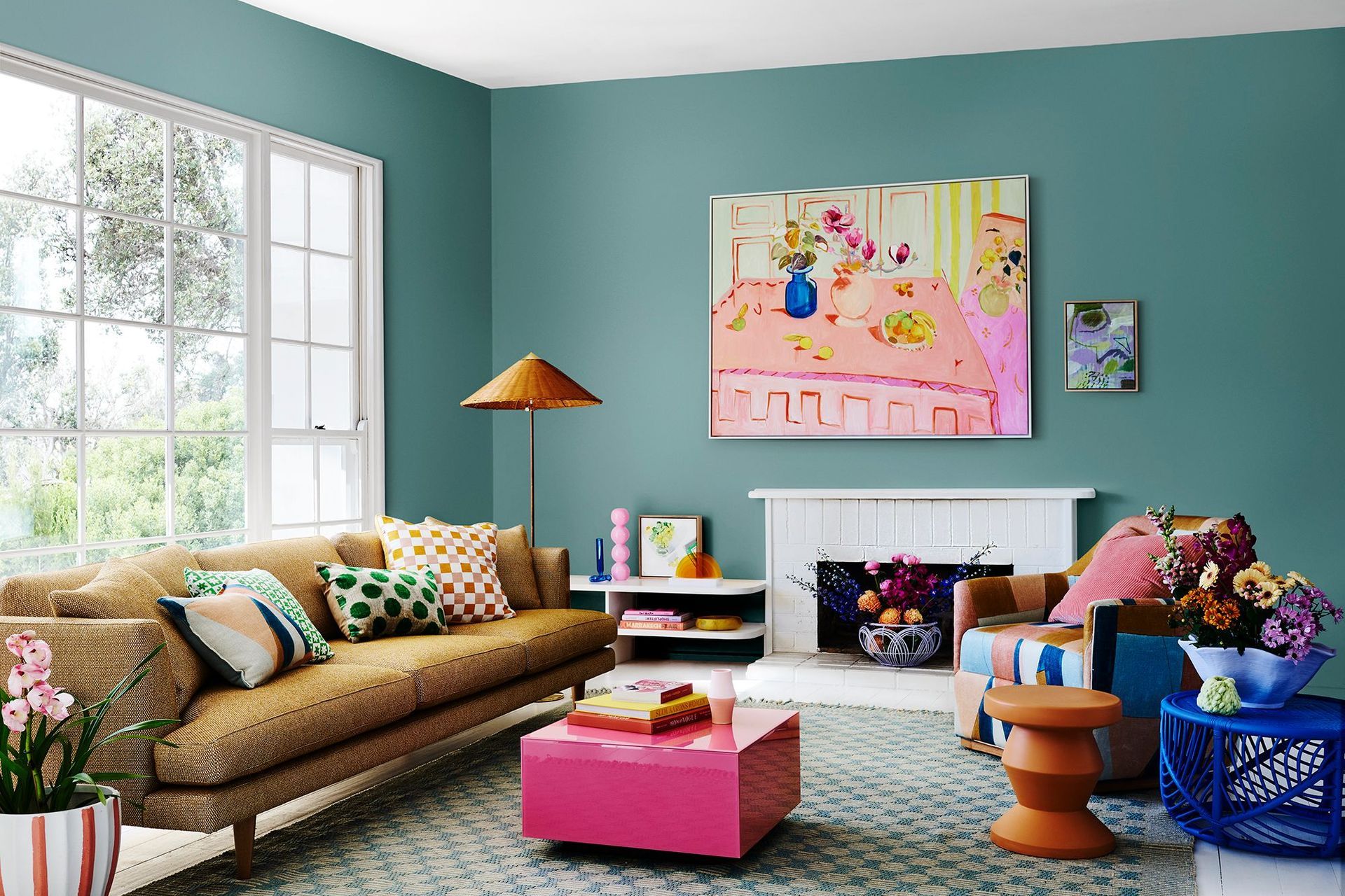 DULUX WONDER PALETTE 2022. Walls Dulux Edvard. Artwork "Aeonium In A Posy With Kangaroo Paw and Paper Daisy” Dominka Keller, "Lemons On A Pink Table” Helen Mccullagh, "Green &amp; Purple Freedom" Brigita La. Styling: Bree Leech. Photo: Lisa Cohen