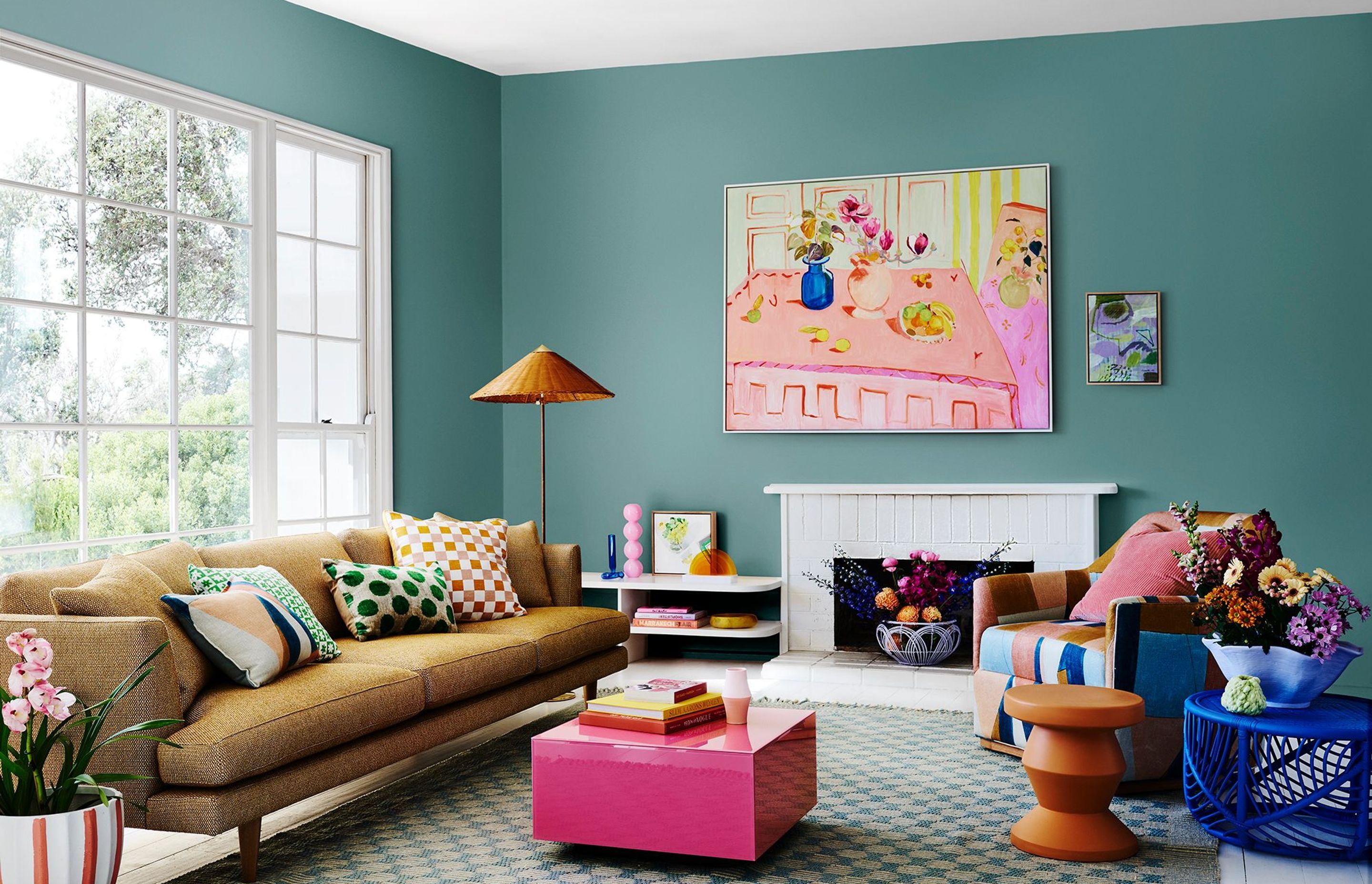 DULUX WONDER PALETTE 2022. Walls Dulux Edvard. Artwork "Aeonium In A Posy With Kangaroo Paw and Paper Daisy” Dominka Keller, "Lemons On A Pink Table” Helen Mccullagh, "Green & Purple Freedom" Brigita La. Styling: Bree Leech. Photo: Lisa Cohen