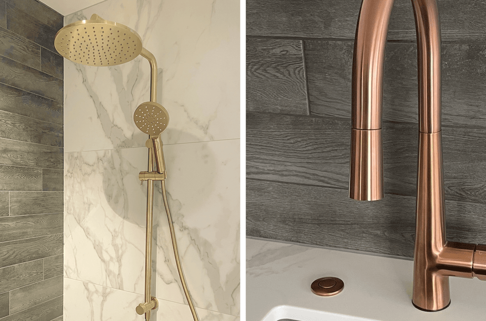 The Code Lamone Round Shower Column with 250mm rain head (see here in brass finish) creates a contemporary look in the bathroom, while, in the kitchen, the brushed copper airswitch matches perfectly with the kitchen mixer.