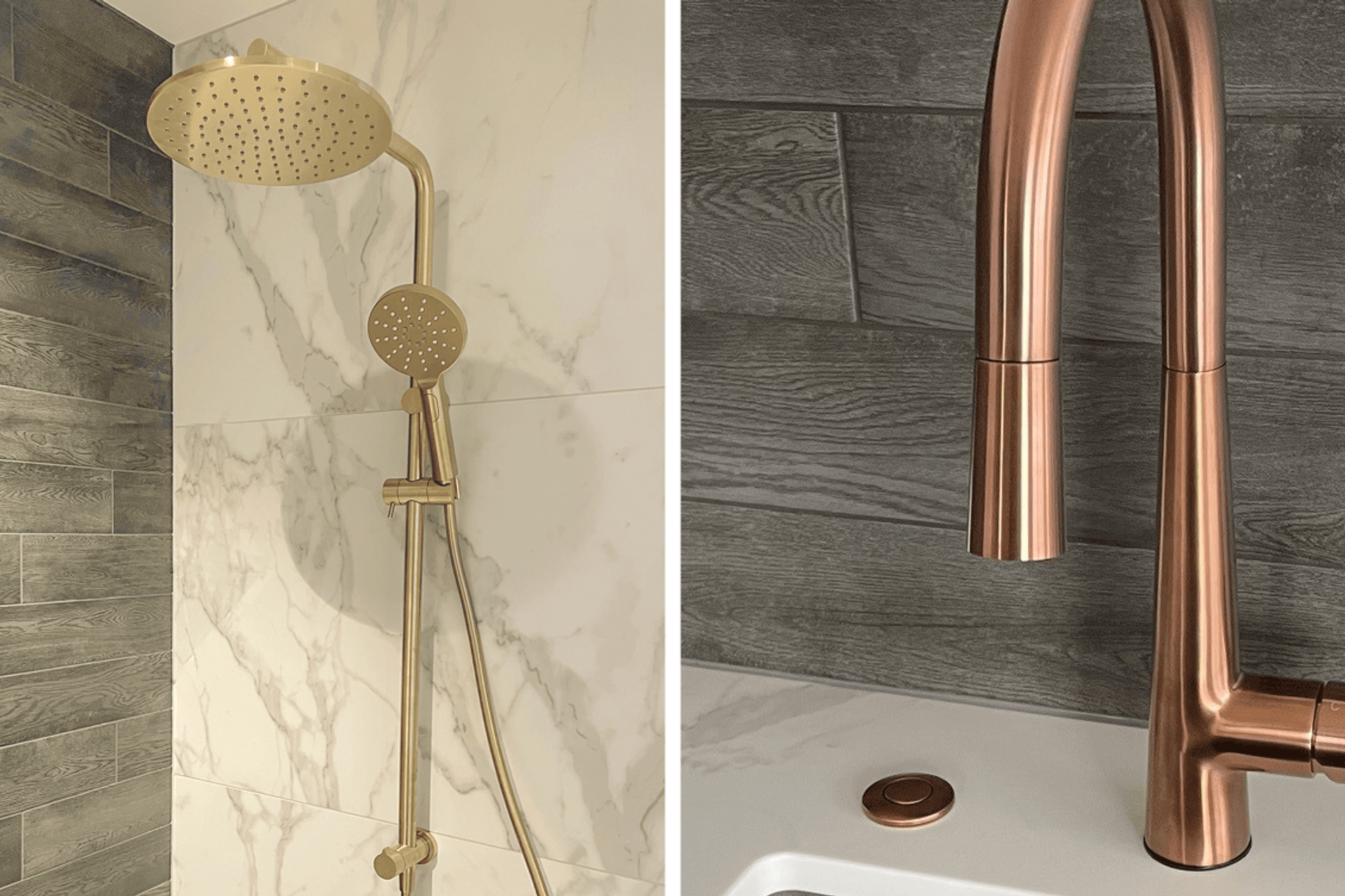 The Code Lamone Round Shower Column with 250mm rain head (see here in brass finish) creates a contemporary look in the bathroom, while, in the kitchen, the brushed copper airswitch matches perfectly with the kitchen mixer.