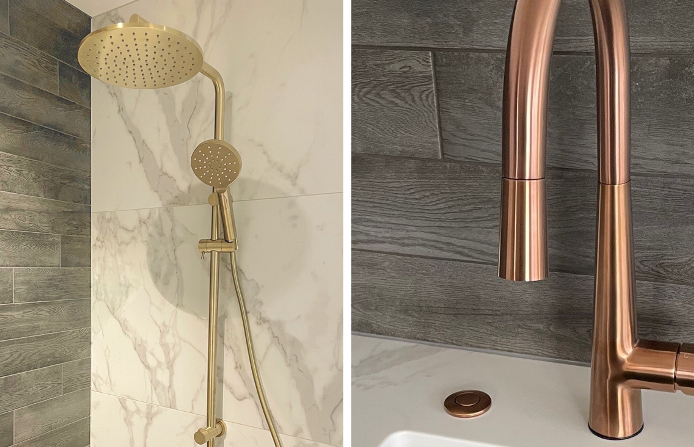 The Code Lamone Round Shower Column with 250mm rain head (see here in brass finish) creates a contemporary look in the bathroom, while, in the kitchen, the brushed copper airswitch matches perfectly with the kitchen mixer.