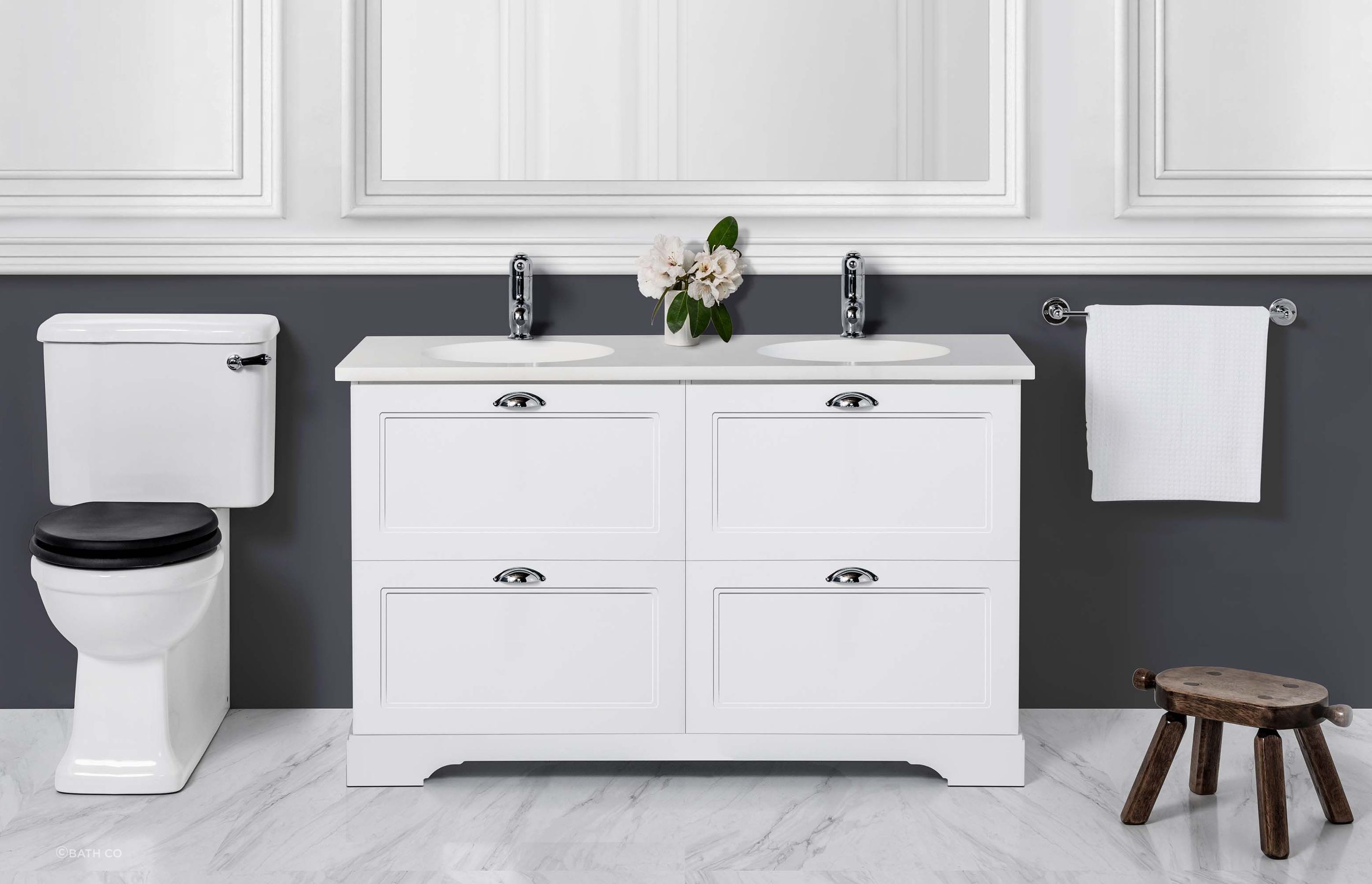 With basins concealed, you've a little more space for decorative touches, beautifully portrayed here with the English Classic 1350 Floor Standing Vanity.