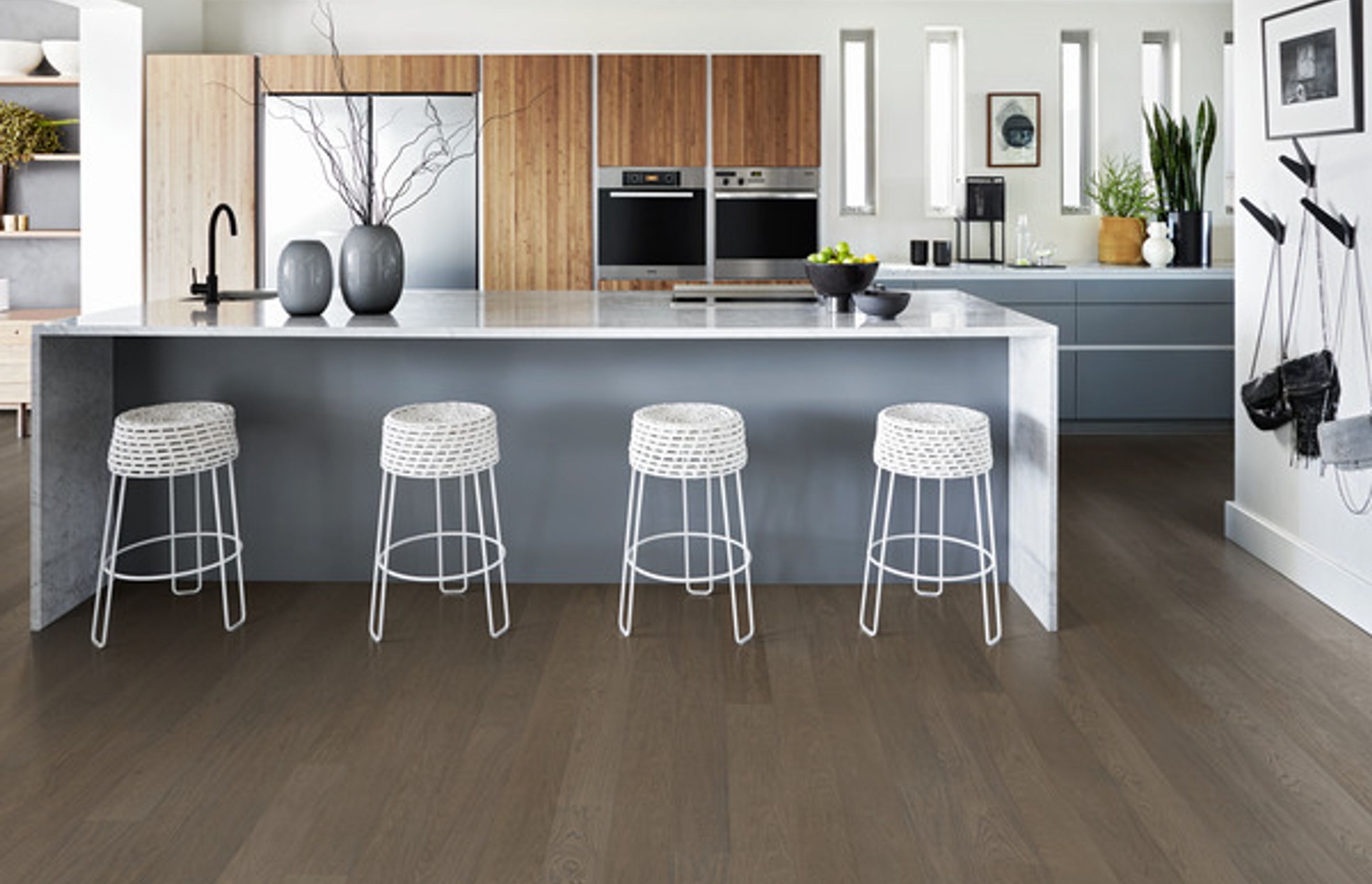 Faded Black Wide, from the Life Collection, is a single-strip stained oak floor with few knots and an authentic look and feel. The matt lacquer finish eliminates glare while protecting the wood from daily wear.