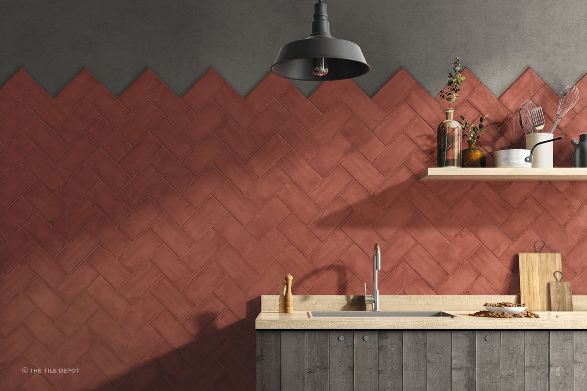 The same tiles were used for the backsplash and the feature wall to create a continuous and dramatic look. The way the tiles were installed also makes a huge difference to the overall look of the kitchen. Tiles used were from the May tile collection (Tile