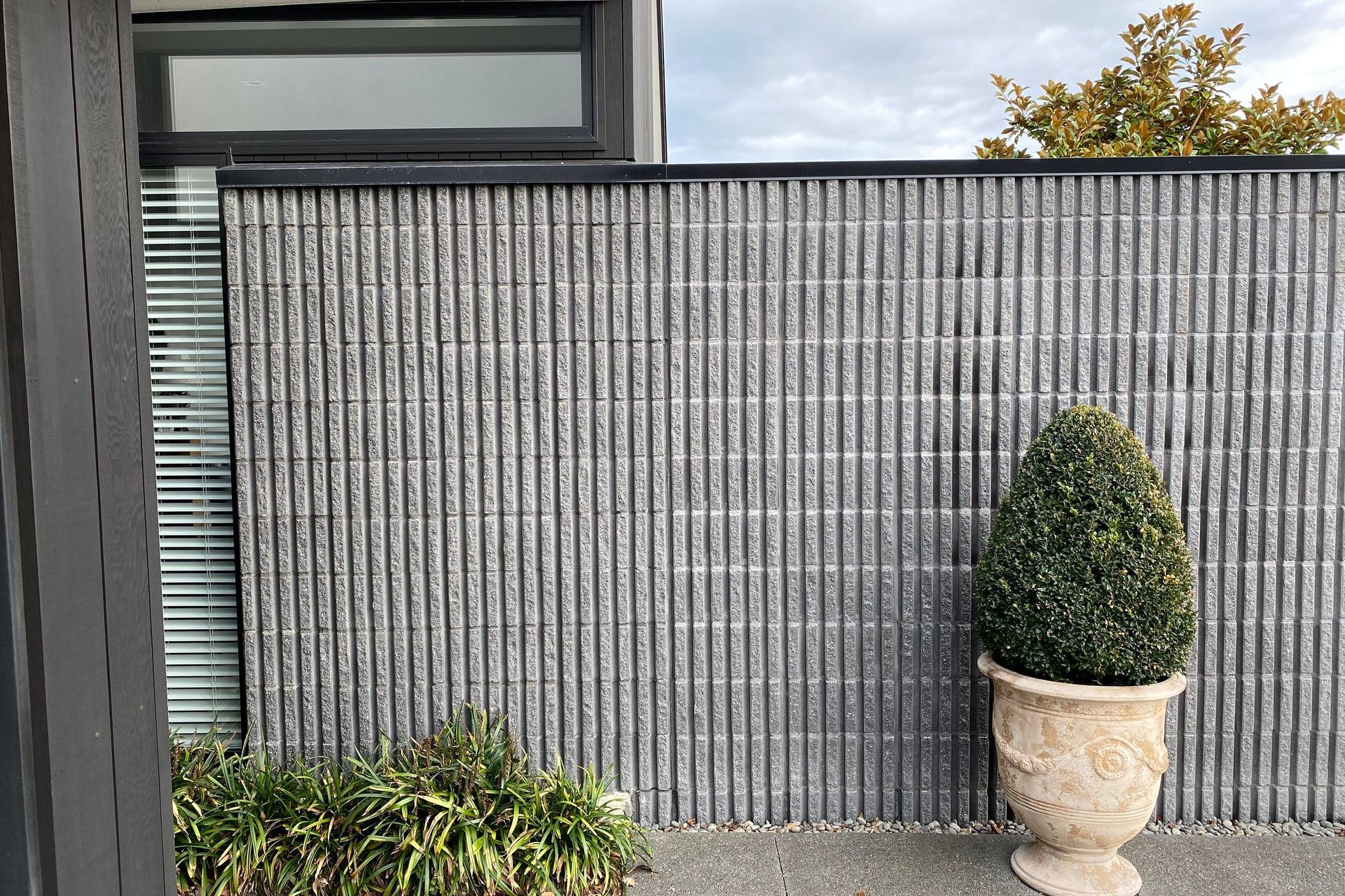 Viblock manufactures many styles of masonry blocks, including Fluted, seen here in the colour Kohl.