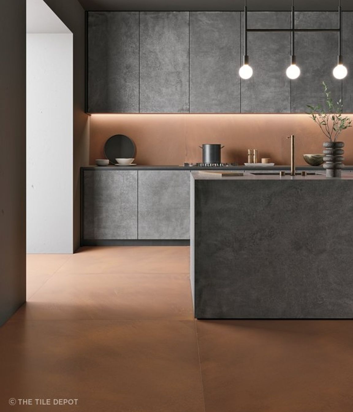 Foil Porcelain tiles are installed in the Splashback as well as the floors and give a sense of Urban Luxury. A contrasting cement finish tiles are also used as the front of cupboards to add to the industrial kitchen design (Tile Depot, 2021)