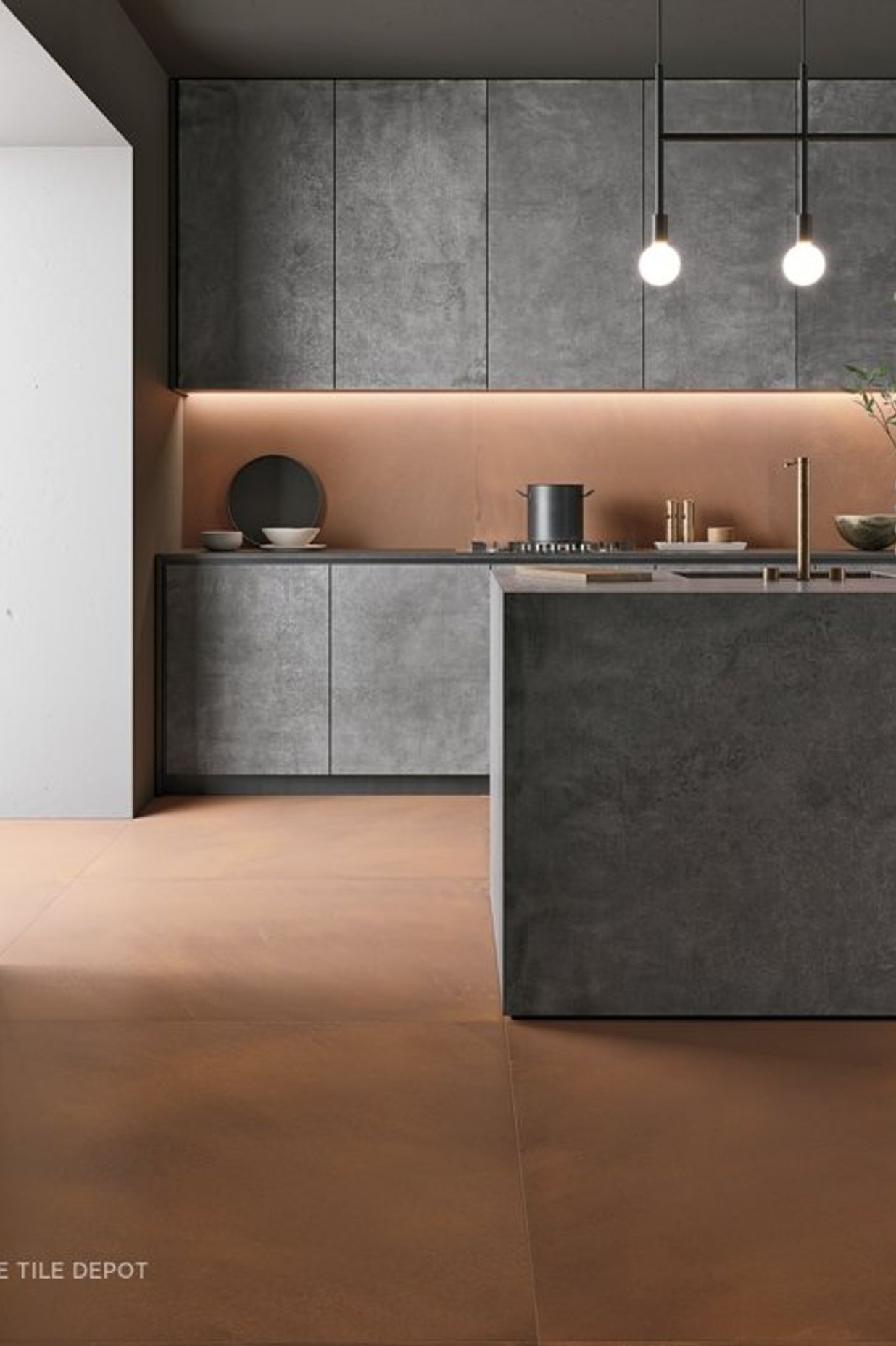 Foil Porcelain tiles are installed in the Splashback as well as the floors and give a sense of Urban Luxury. A contrasting cement finish tiles are also used as the front of cupboards to add to the industrial kitchen design (Tile Depot, 2021)