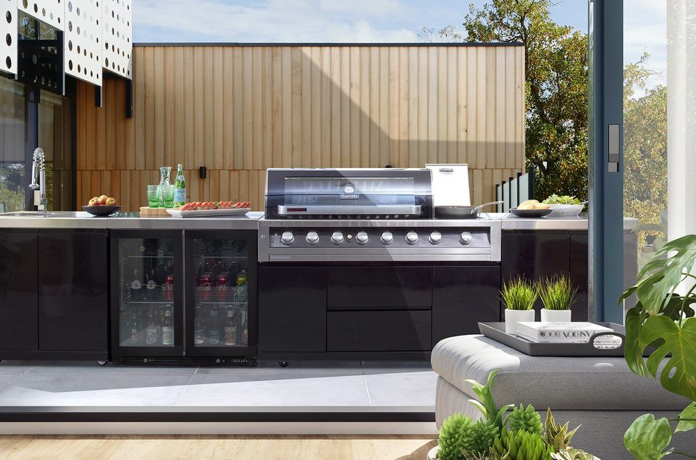 The 6 Burner BBQ in the Gasmate Galaxy Black Outdoor Kitchen features a #304 grade stainless steel hood with lustrous black finish