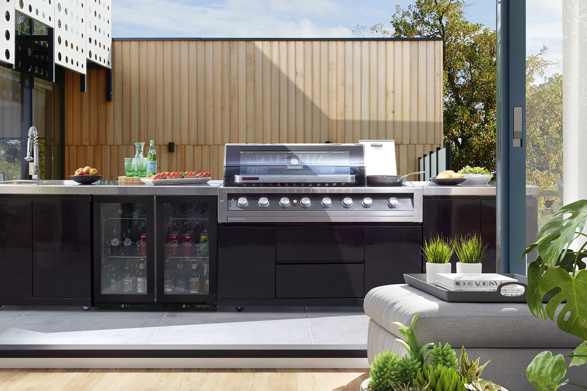 The 6 Burner BBQ in the Gasmate Galaxy Black Outdoor Kitchen features a #304 grade stainless steel hood with lustrous black finish