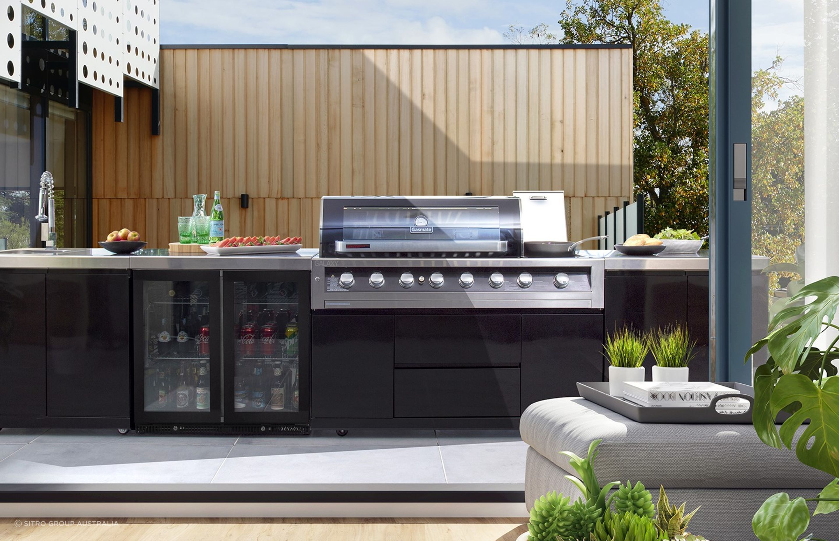 The 6 Burner BBQ in the Gasmate Galaxy Black Outdoor Kitchen features a #304 grade stainless steel hood with lustrous black finish