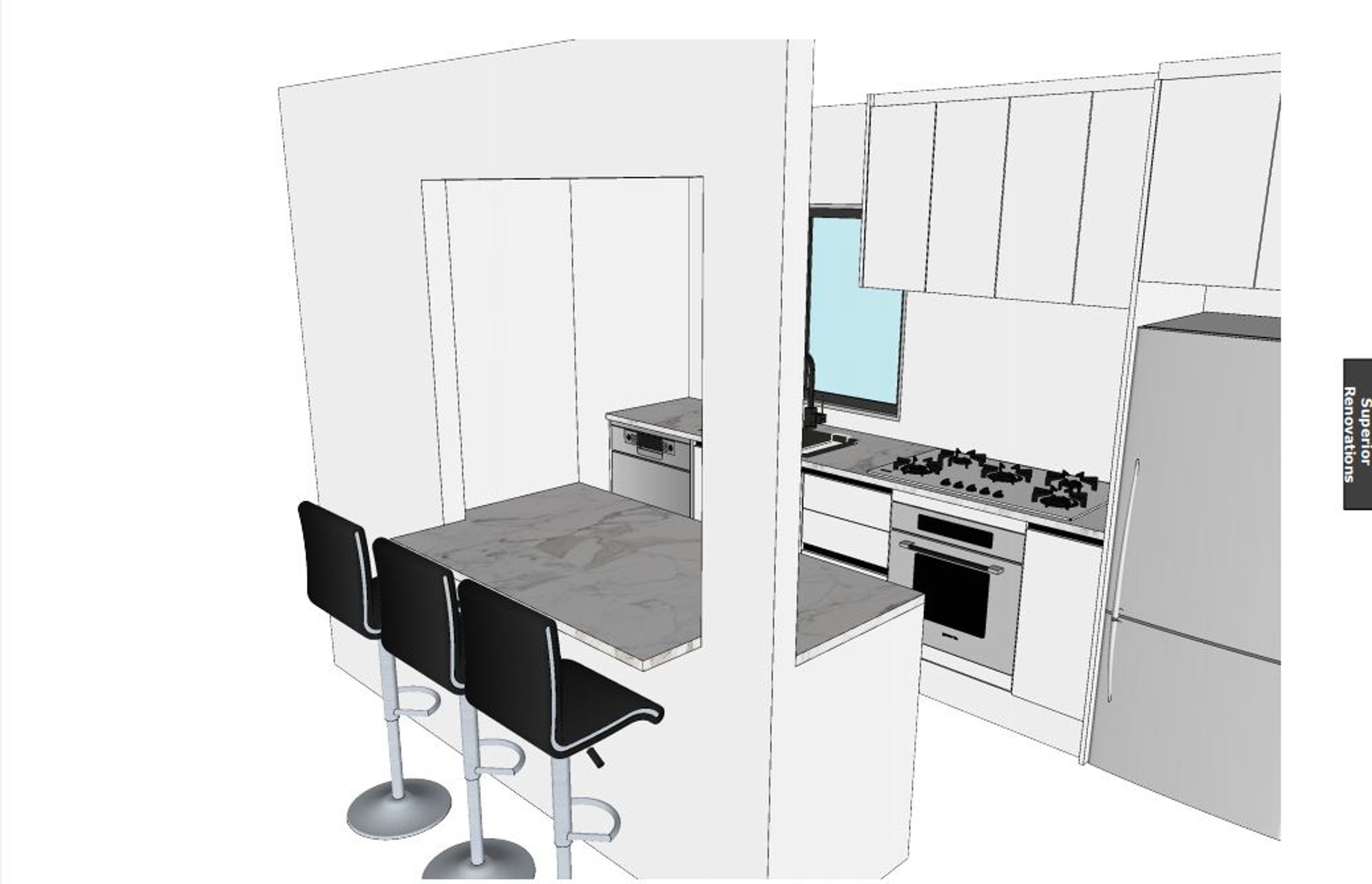 We designed this kitchen for a client that wanted to integrate her Galley kitchen into the rest of the living space. She still wanted to keep the storage which meant that our next best option was to create a window and extend the counter into an island wh