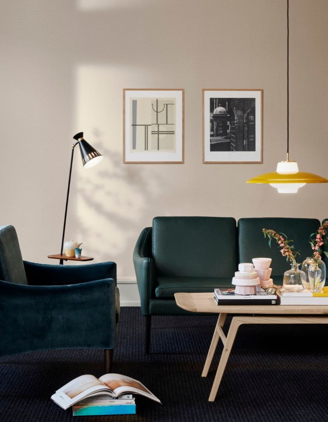 Warm Nordic Lamps offer an element of mid-century character with accent lighting pieces. These pieces utilise enduring design materials like opaline diffusers and saucer or cone shape shade forms. Image features the Cone Floor Lamp with Table and the Opal Shade Pendant.