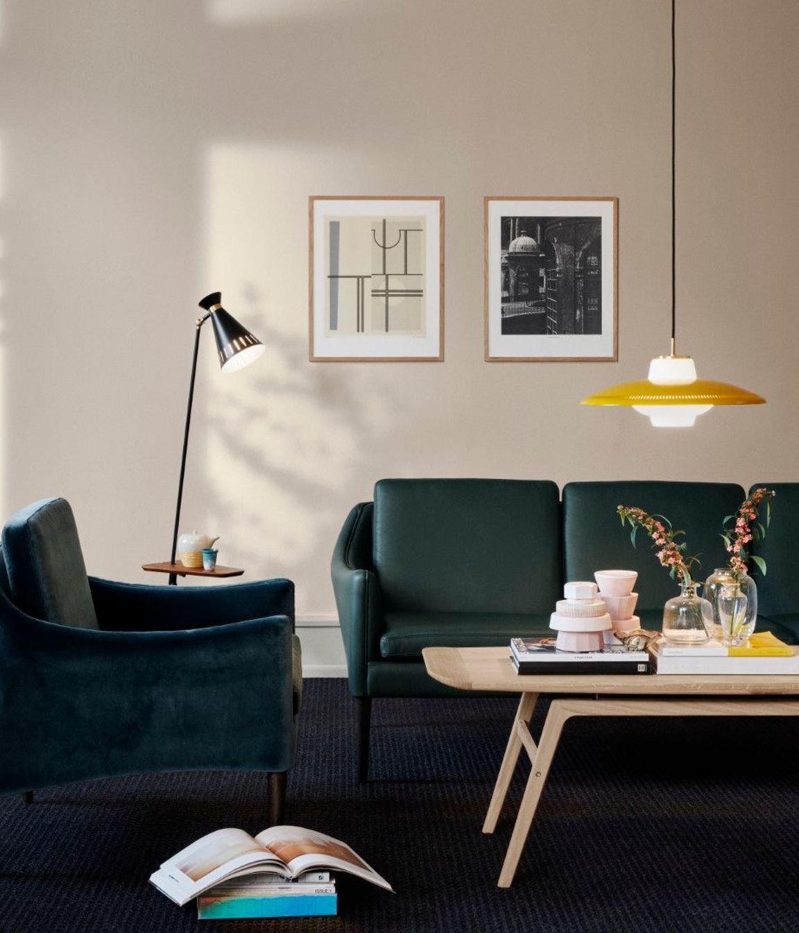 Warm Nordic Lamps offer an element of mid-century character with accent lighting pieces. These pieces utilise enduring design materials like opaline diffusers and saucer or cone shape shade forms. Image features the Cone Floor Lamp with Table and the Opal Shade Pendant.