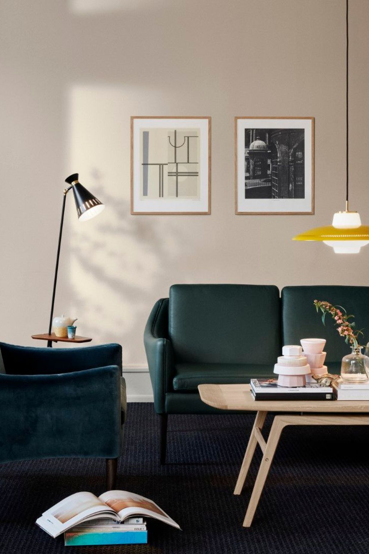 Warm Nordic Lamps offer an element of mid-century character with accent lighting pieces. These pieces utilise enduring design materials like opaline diffusers and saucer or cone shape shade forms. Image features the Cone Floor Lamp with Table and the Opal Shade Pendant.