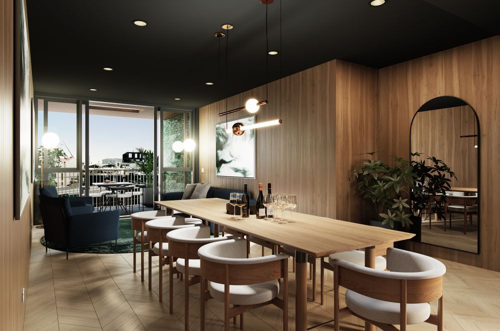 The residents' lounge has been designed to encourage connection and community amongst residents, featuring a full kitchen, dining table, and lounge area for entertaining.