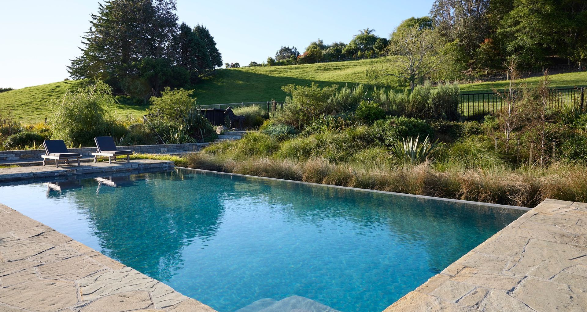 Coatesville Infinity Pool constructed by Auckland Inground Pools alongside the team at Natural Habitats who completed the stunning surrounds, planting and wider landscape. Works were completed in 2019.