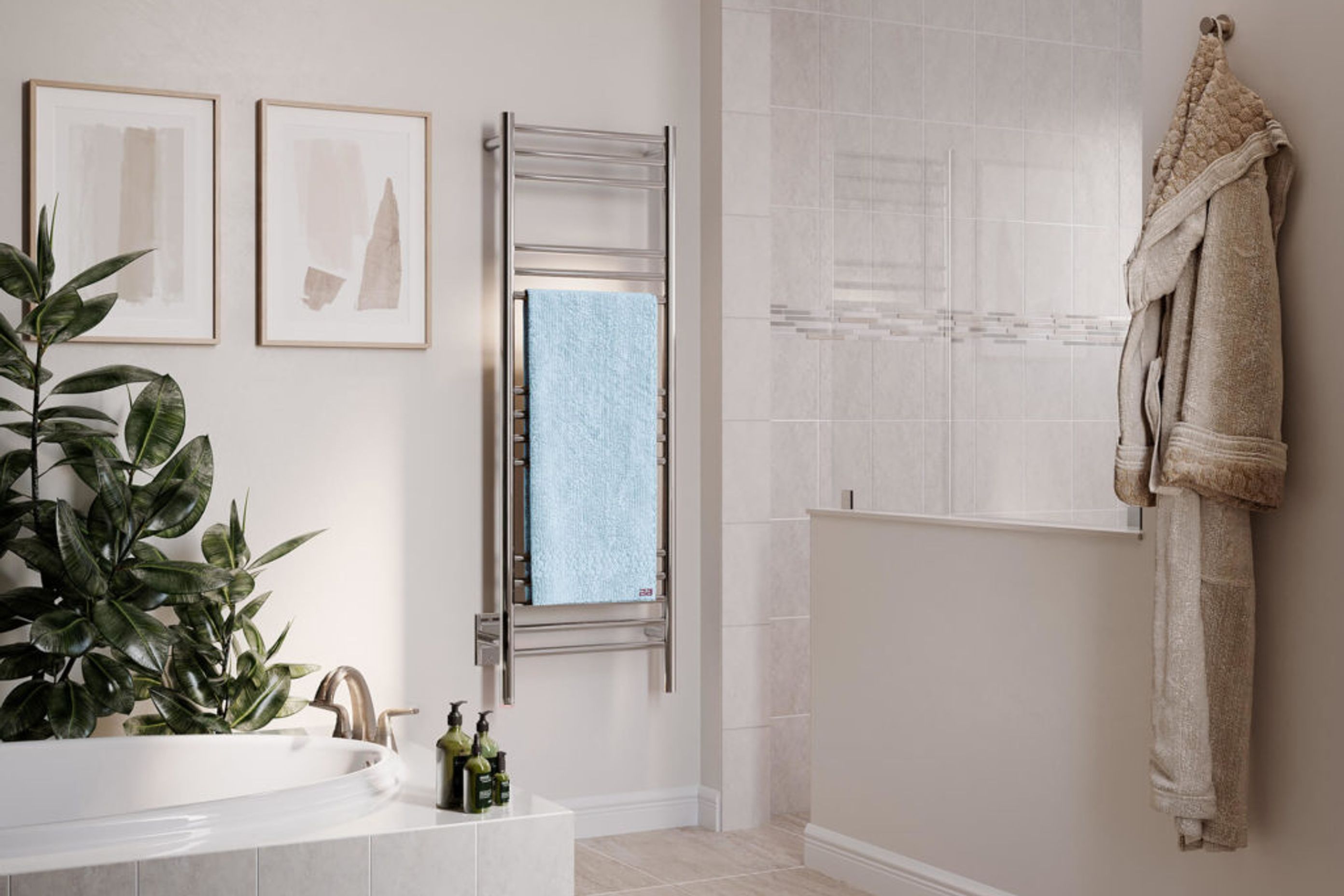 NATURAL 12 Bar 500mm heated towel rail with PTSelect Switch (US model shown here - square cover plate)