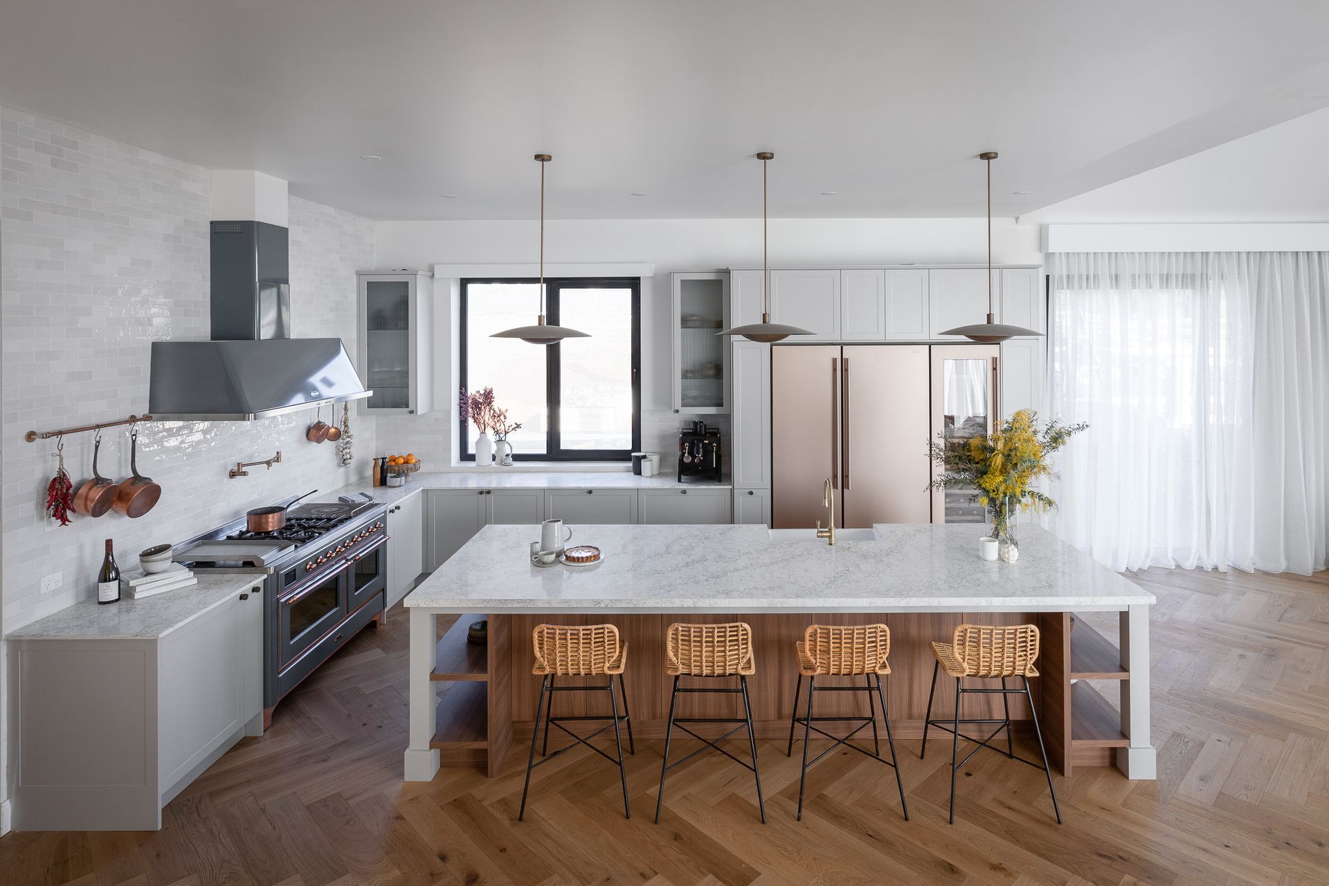 Image by: Freedom Kitchens, Tom and Sarah-Jane’s complimentary kitchen of bright whites and timber