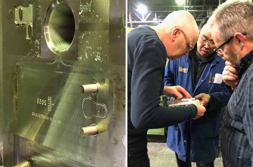 The mould tool into which the liquid zinc is poured. Marcus Halliday (left) with the team from Die Cast NZ inspecting one of the locks after being removed from the mould tool.