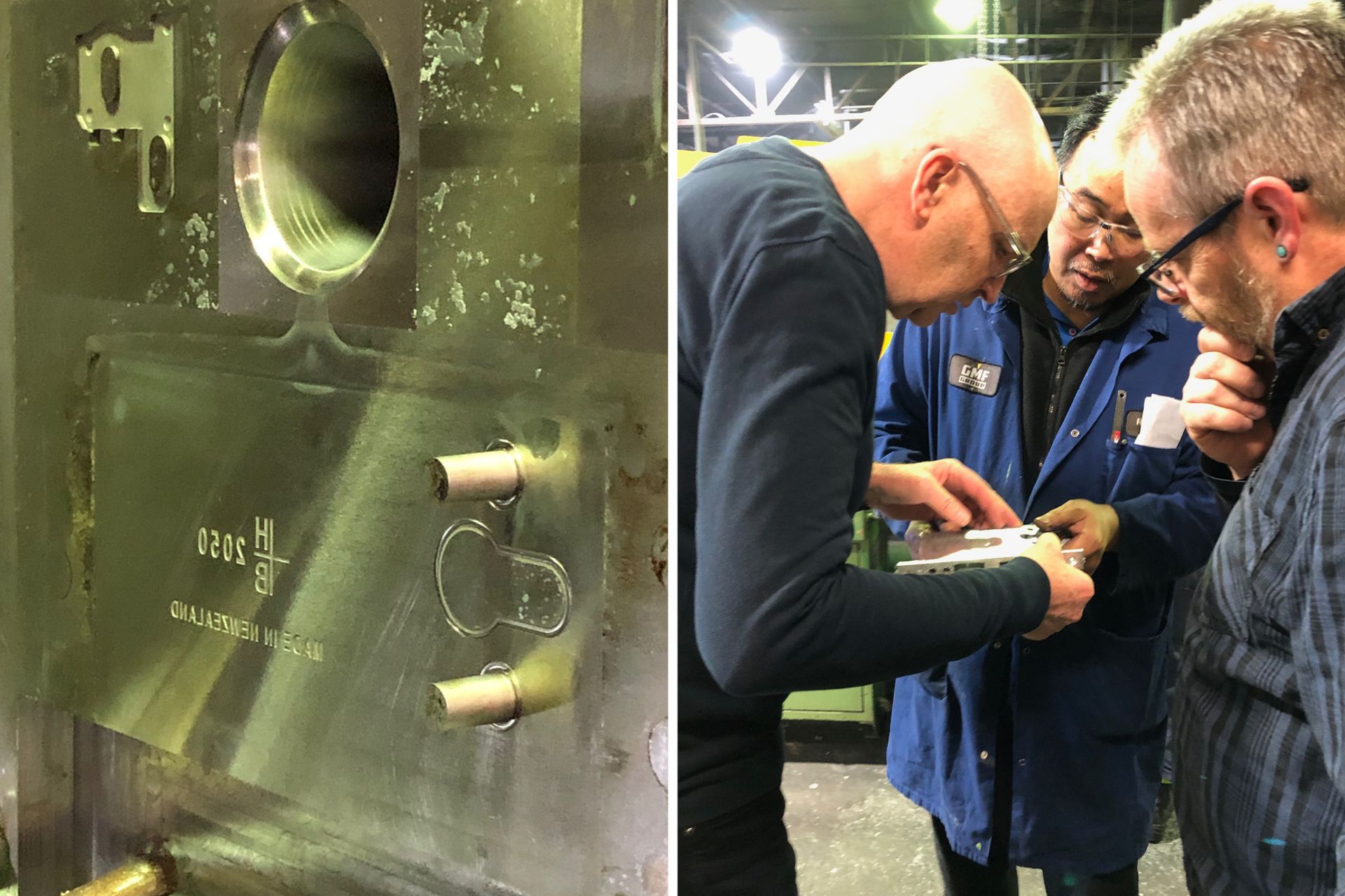 The mould tool into which the liquid zinc is poured. Marcus Halliday (left) with the team from Die Cast NZ inspecting one of the locks after being removed from the mould tool.