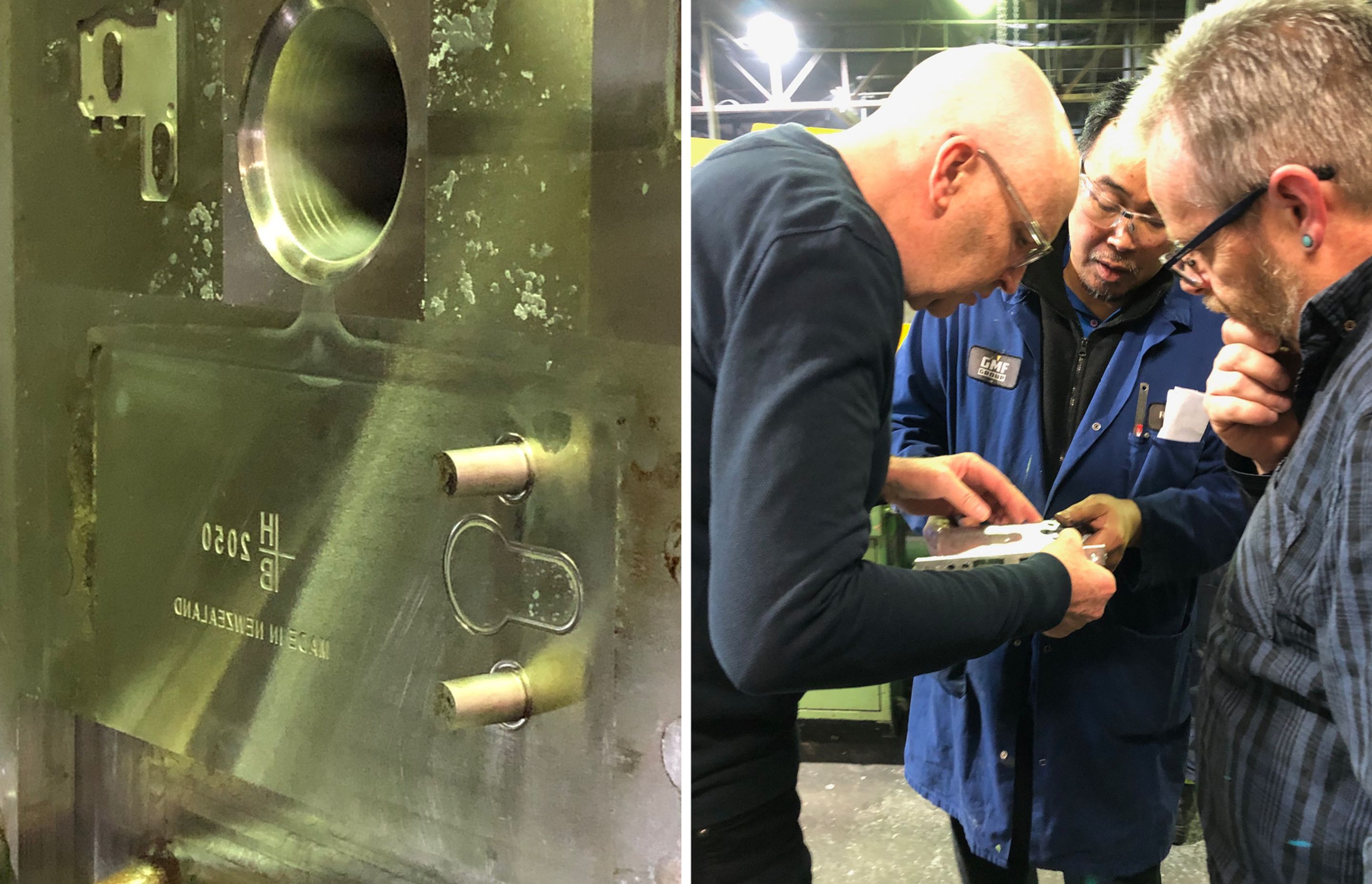 The mould tool into which the liquid zinc is poured. Marcus Halliday (left) with the team from Die Cast NZ inspecting one of the locks after being removed from the mould tool.
