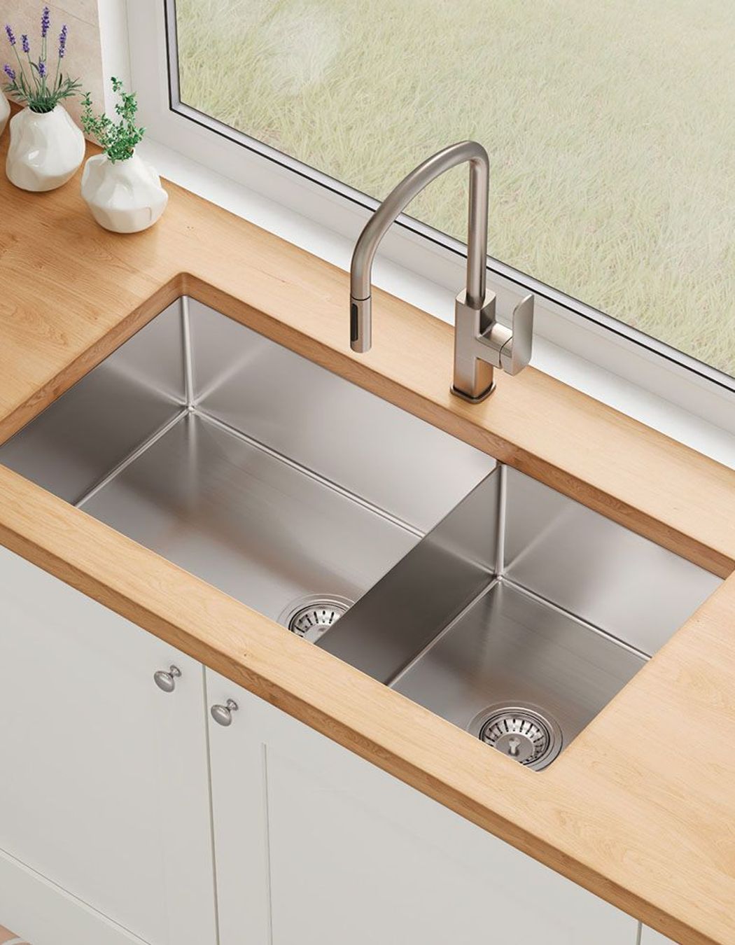 Double bowl sinks offer separate areas for washing and rinsing.