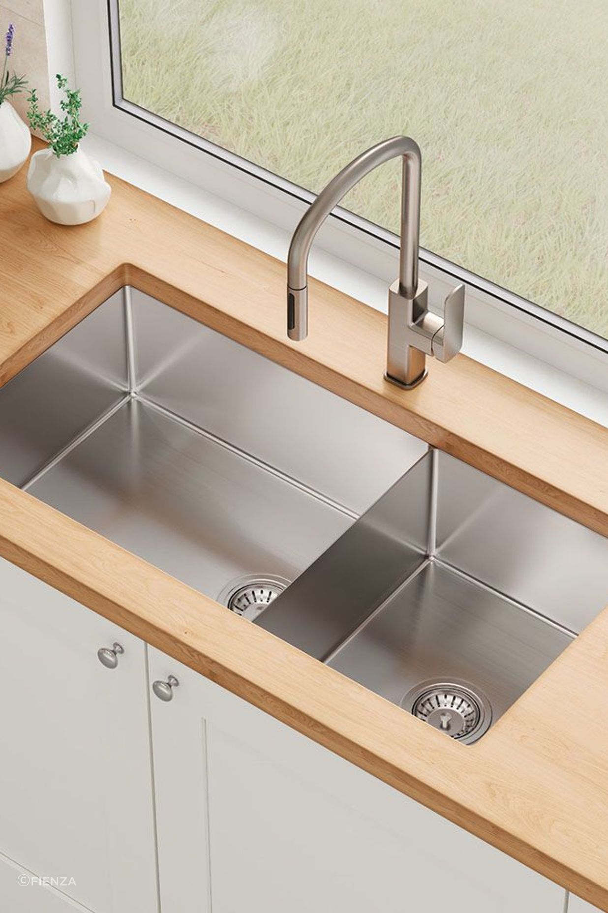 Double bowl sinks offer separate areas for washing and rinsing.