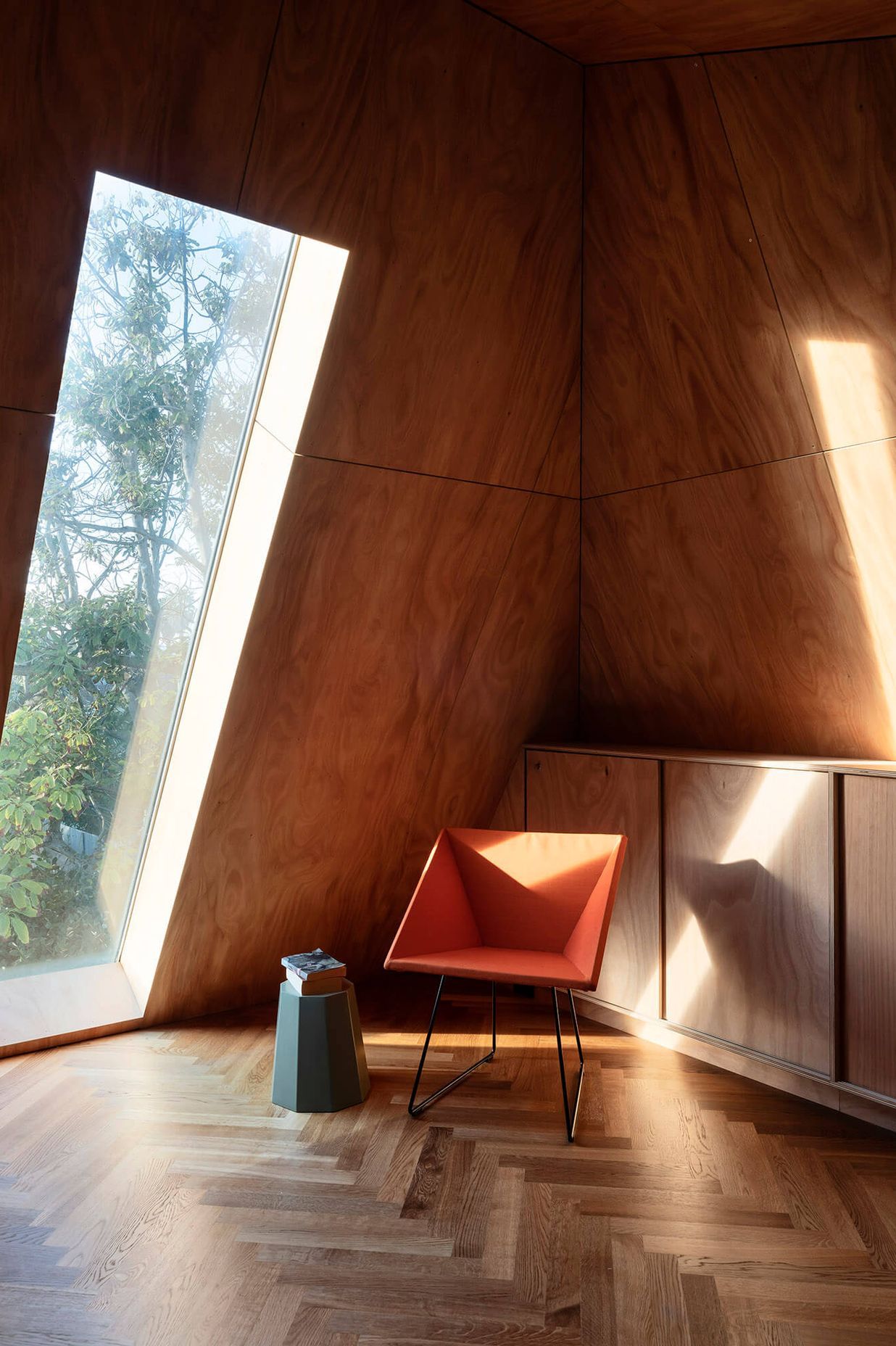 The mezzanine skylight allows morning sunlight to flood the home.