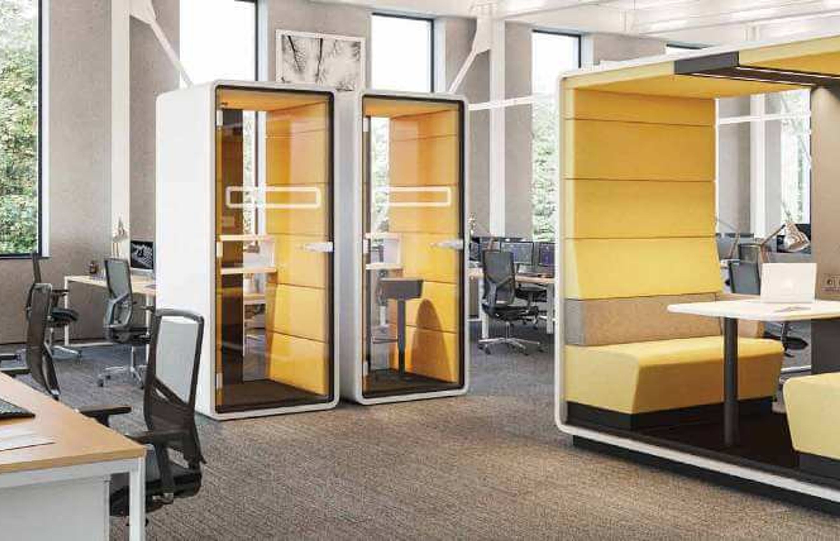 Hush Meet Open and Hush Phone Acoustic pods provide quiet areas for discussion or phone calls