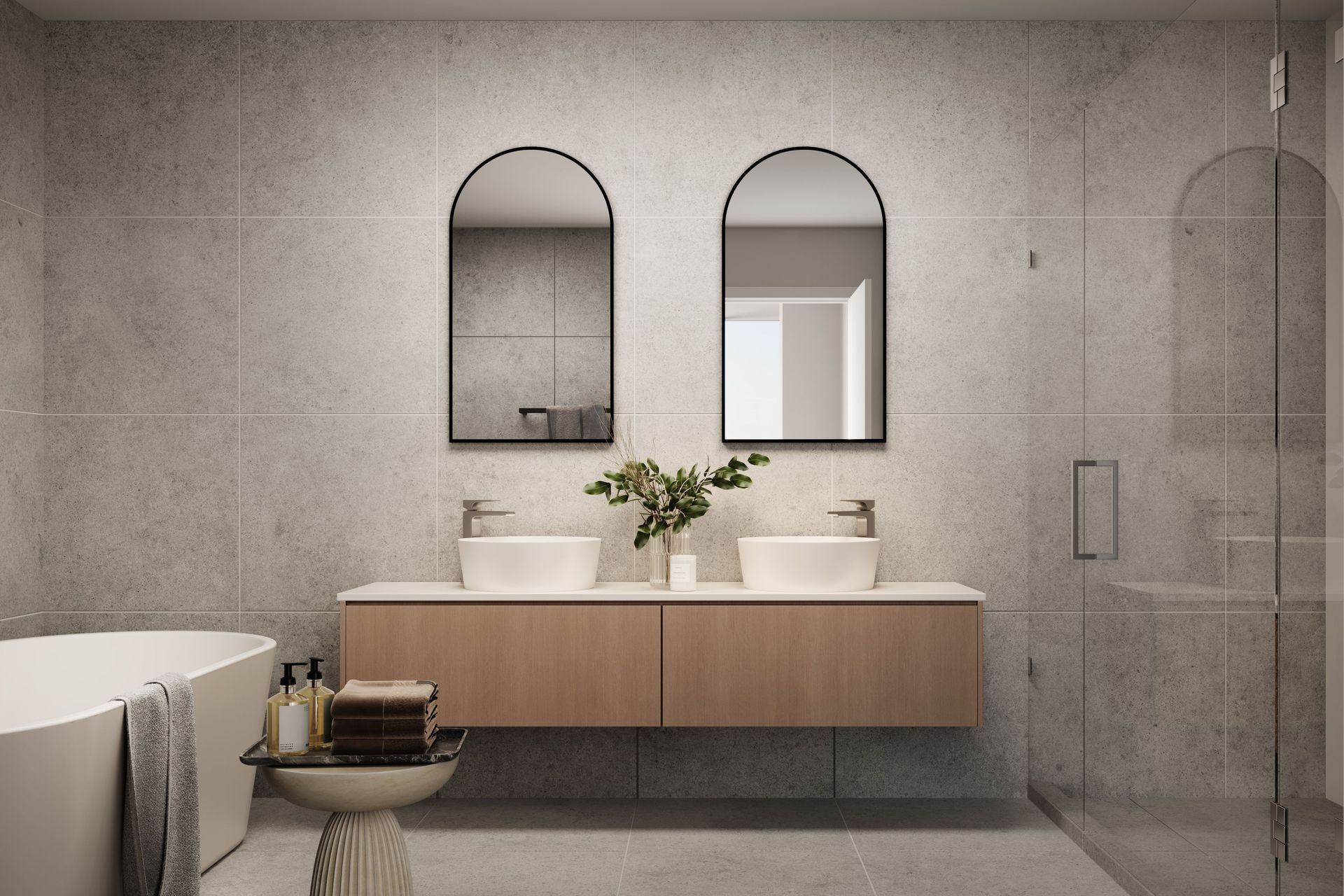 Hyde Lane’s penthouse bathroom interior, designed with organic shapes and a natural material scheme.
