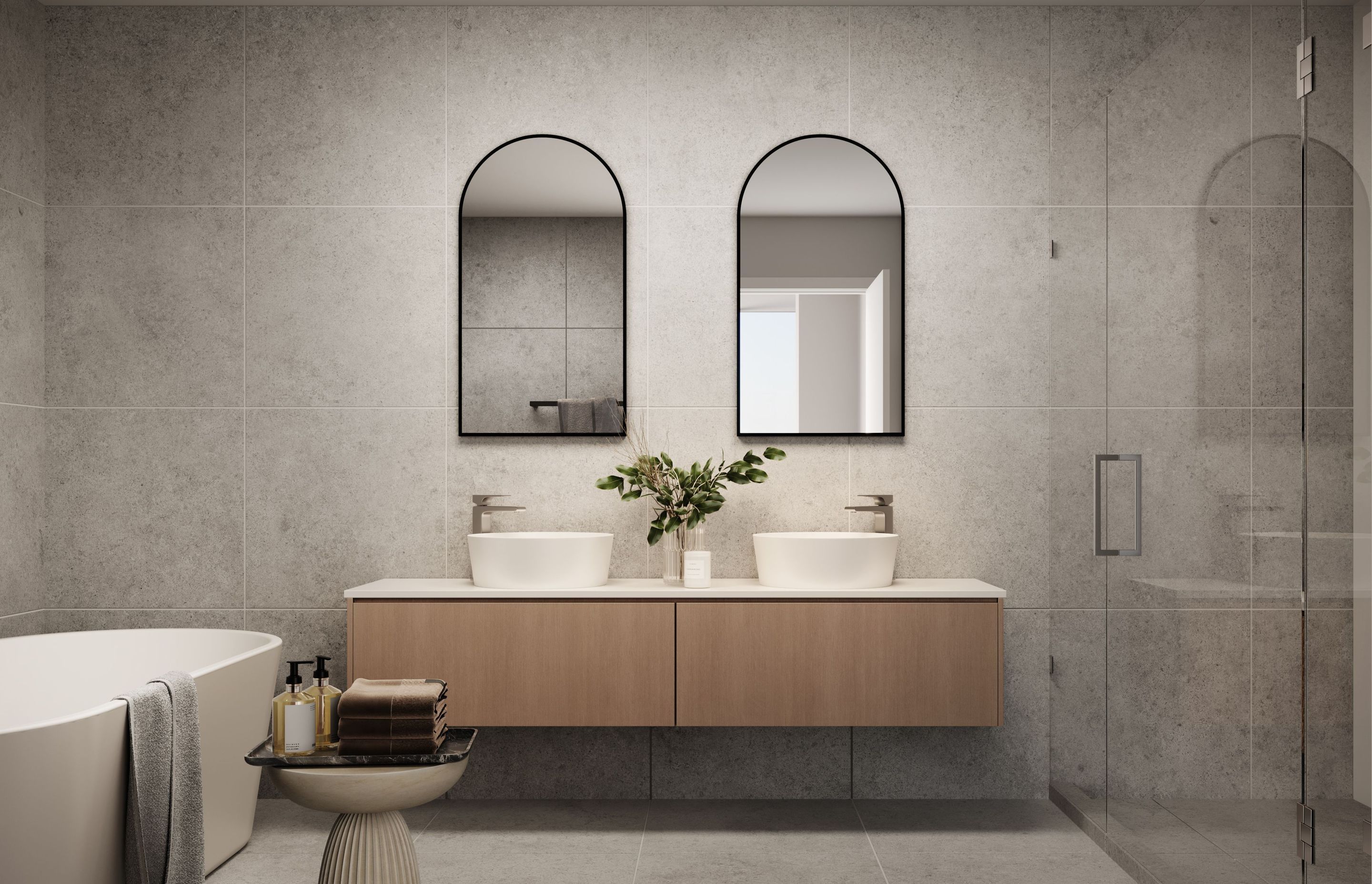 Hyde Lane’s penthouse bathroom interior, designed with organic shapes and a natural material scheme.