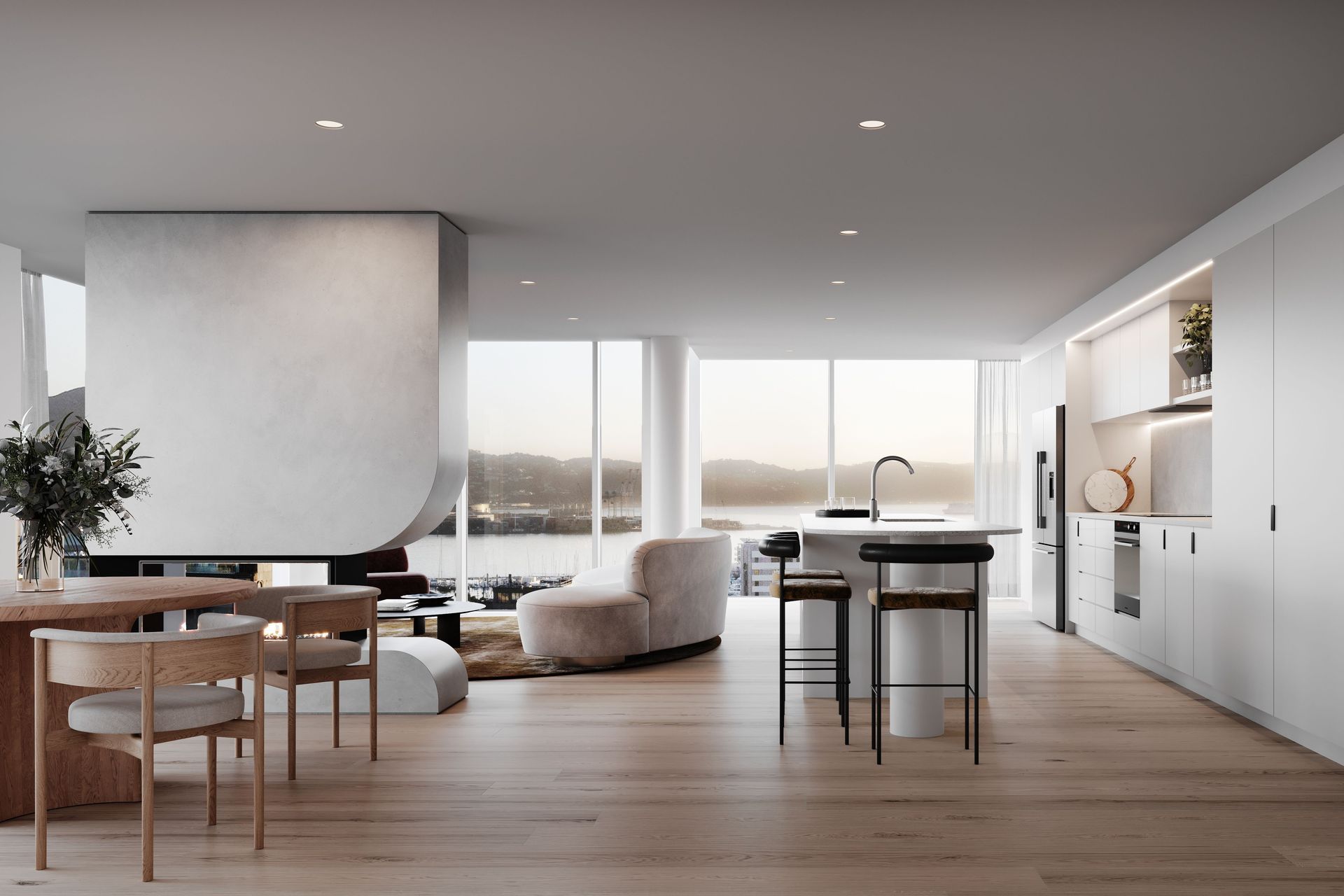 Hyde Lane’s minimalist penthouse interior, strategically designed to enhance the high-rise views.