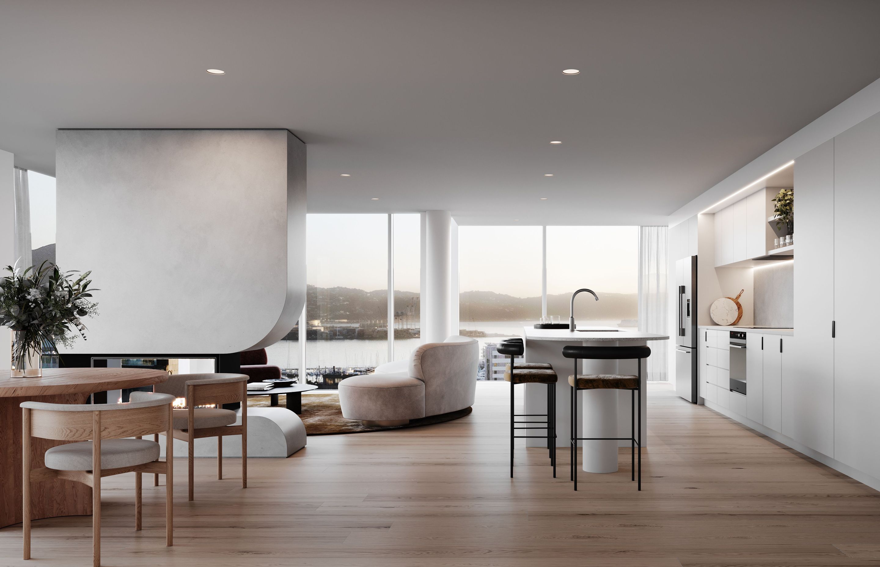 Hyde Lane’s minimalist penthouse interior, strategically designed to enhance the high-rise views.