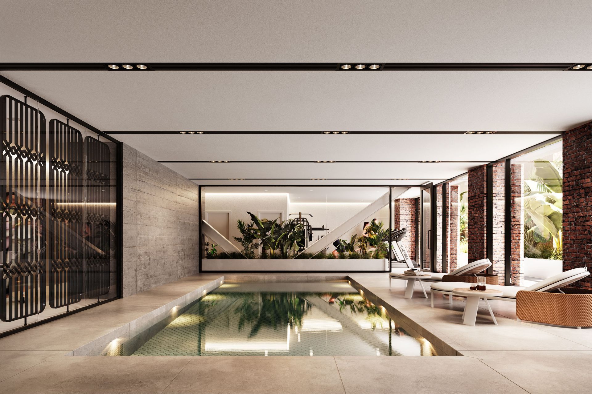 The apartment building’s contemporary swimming pool, located on the ground floor.