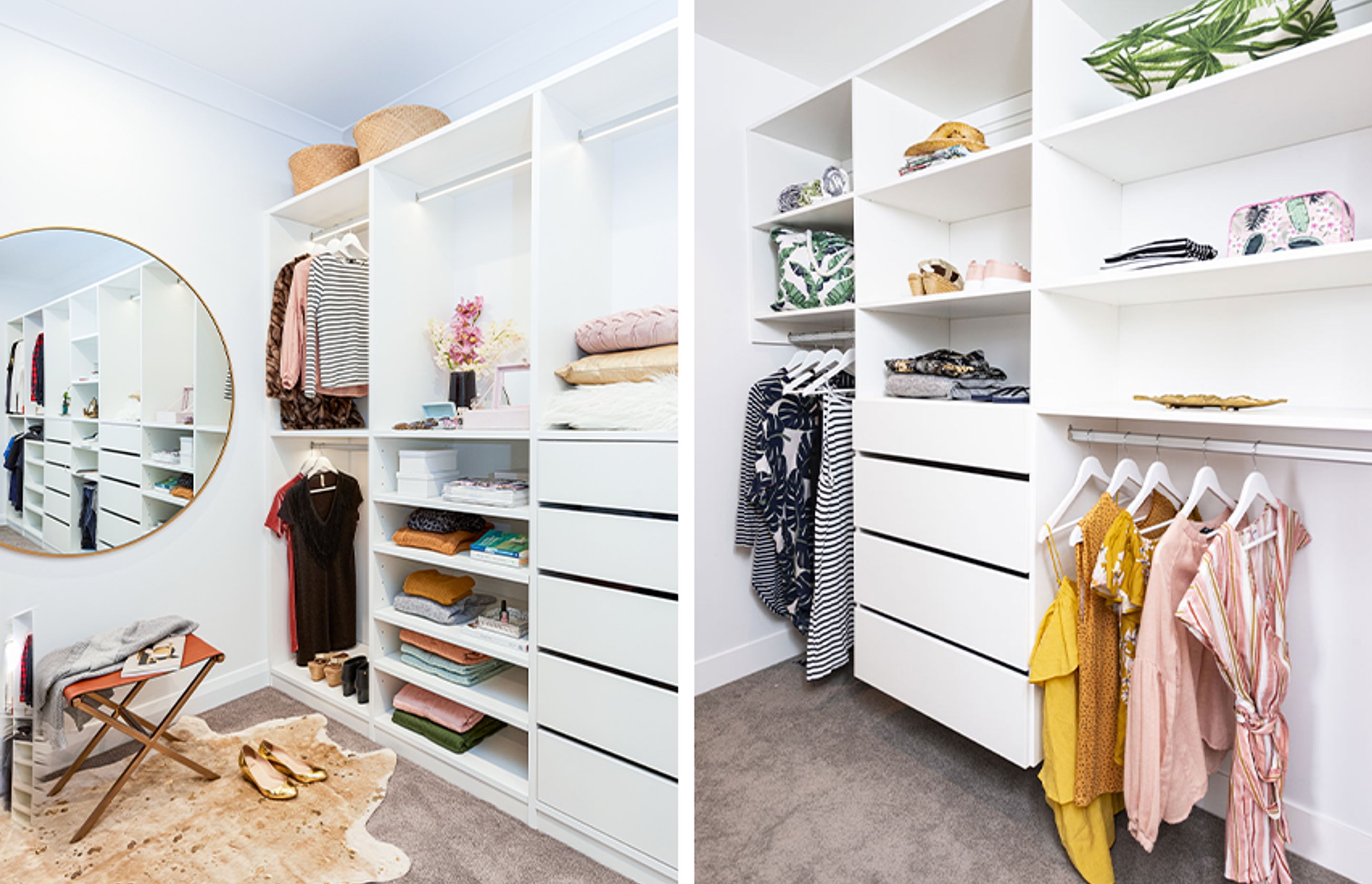 Create the perfect custom wardrobe for your needs with a mix of tall, short and medium hanging spaces, drawers and open shelving for total convenience.