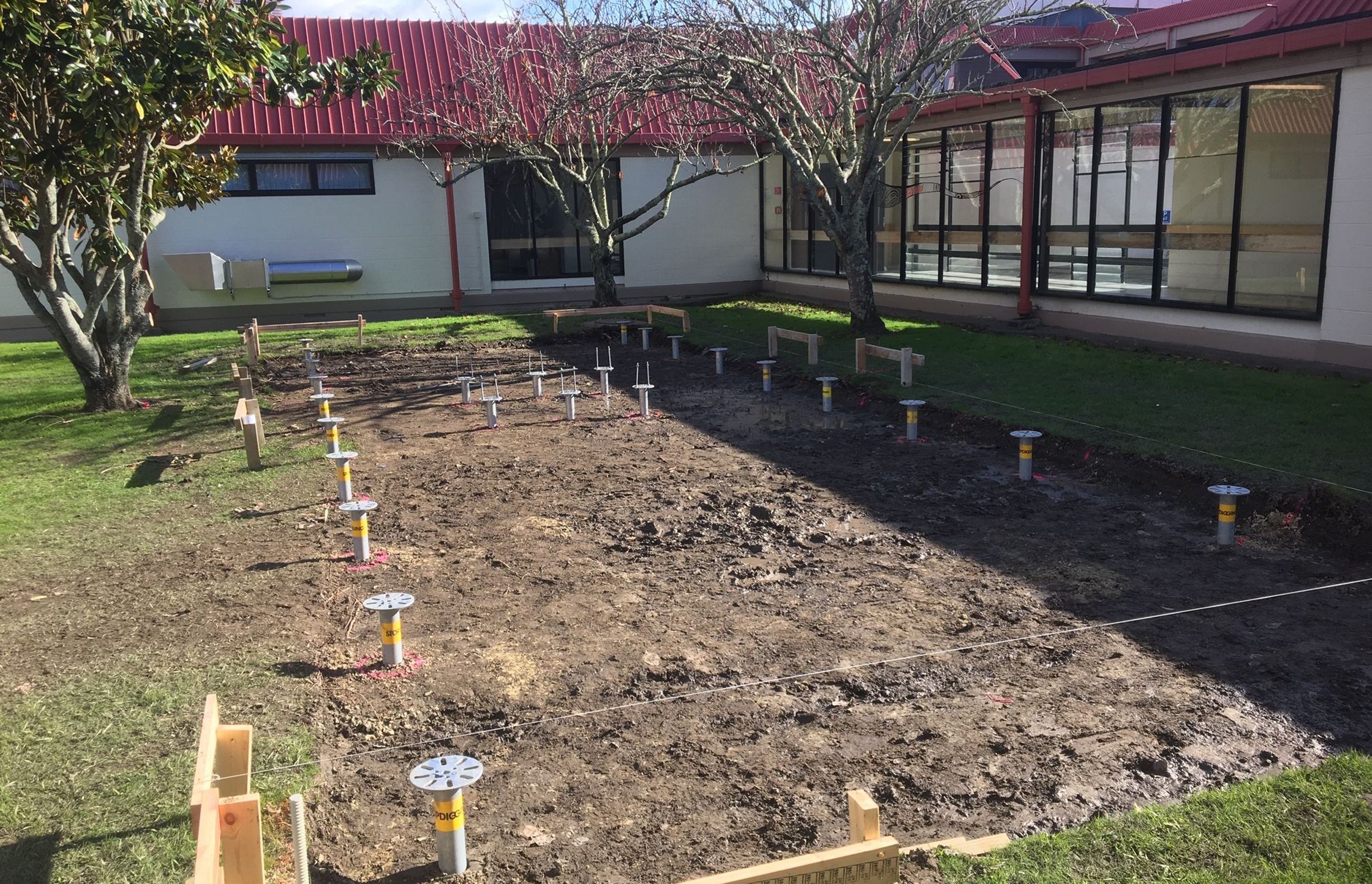 A series of ground screws were installed at Gisborne Hospital for the installation of an MRI facility. Should the MRI facility no longer be needed, the screws can be simply removed and the site restored to lawn.