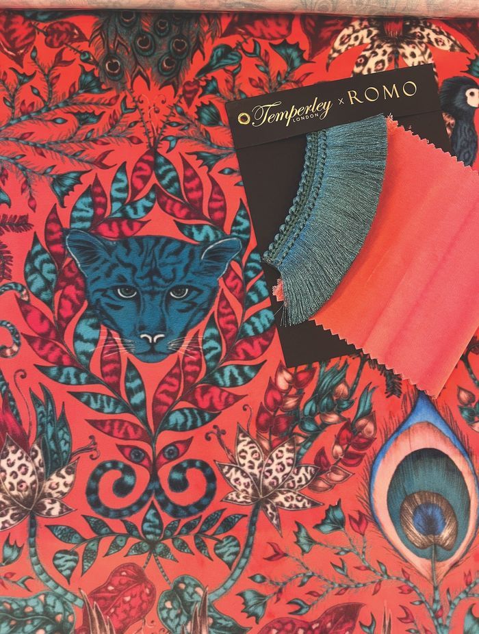 Velvet touch: A sample of fabrics for some soft furnishings. Patterned Amazon Red Velvet F1206/01 by Clarke &amp; Clarke; Plain velvet Velluti 105 by James Dunlop; Brush Fringe Peacock T120/03 trim by Romo.