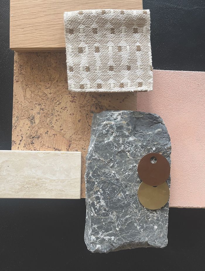 Set in stone: Materials for a special bathroom design. Quarry Stone by Craftstone New Zealand; Limestone plaster with terracotta pigment, unsealed, by Earth Studio; Travertine tile by Antolini; Cork Pure Personality Eden AJ5S001 by Quantum Tiles; Fabric is Élitis 0D 114 01; Brushed copper and brushed brass by Waterware