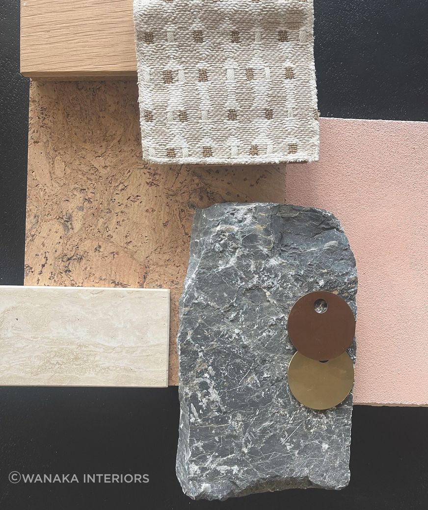 Set in stone: Materials for a special bathroom design. Quarry Stone by Craftstone New Zealand; Limestone plaster with terracotta pigment, unsealed, by Earth Studio; Travertine tile by Antolini; Cork Pure Personality Eden AJ5S001 by Quantum Tiles; Fabric is Élitis 0D 114 01; Brushed copper and brushed brass by Waterware