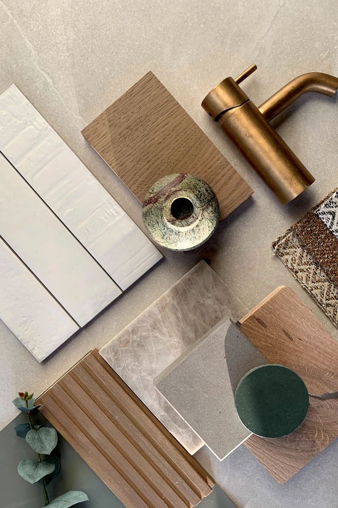 Trinity Interior Design put this 'biophilic elements' mood board together to show how a number of different textured materials in a complimentary colour palette can create the basis for a consistent interior scheme.