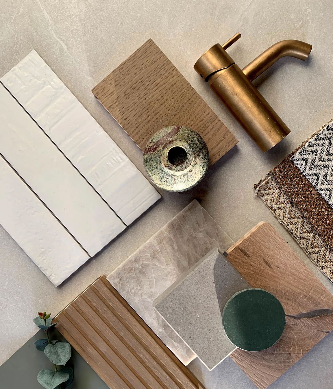 Trinity Interior Design put this 'biophilic elements' mood board together to show how a number of different textured materials in a complimentary colour palette can create the basis for a consistent interior scheme.