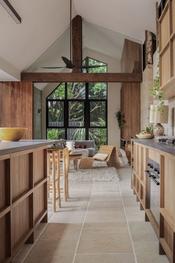 A brick wall divides the home into pods
